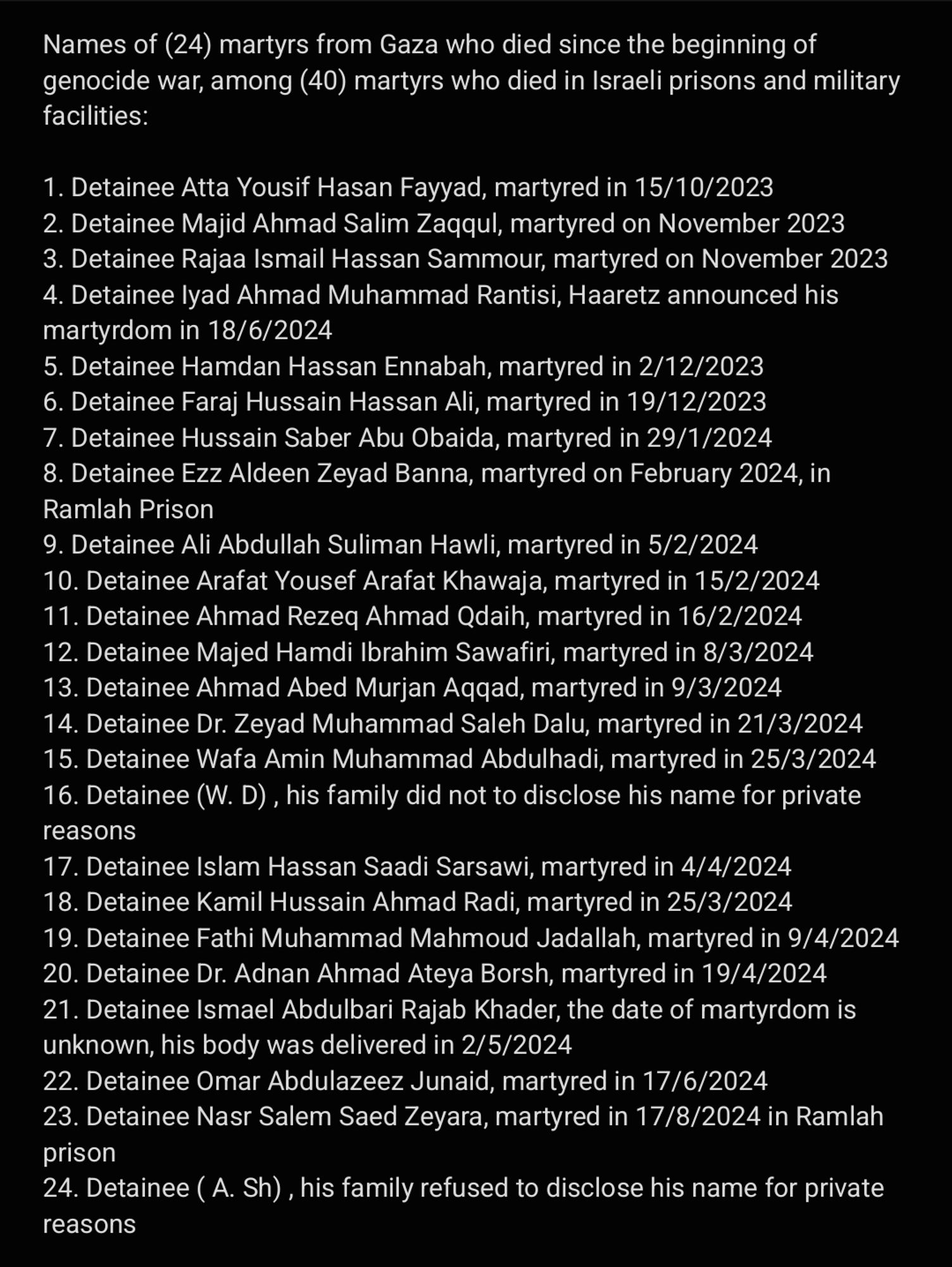 Names of (24) martyrs from Gaza who died since the beginning of genocide war, among (40) martyrs who died in Israeli prisons and military facilities:

1. Detainee Atta Yousif Hasan Fayyad, martyred in 15/10/2023
2. ⁠Detainee Majid Ahmad Salim Zaqqul, martyred on November 2023
3. ⁠Detainee Rajaa Ismail Hassan Sammour, martyred on November 2023
4. ⁠Detainee Iyad Ahmad Muhammad Rantisi, Haaretz announced his martyrdom in 18/6/2024
5. ⁠Detainee Hamdan Hassan Ennabah, martyred in 2/12/2023
6. ⁠Detainee Faraj Hussain Hassan Ali, martyred in 19/12/2023
7. ⁠Detainee Hussain Saber Abu Obaida, martyred in 29/1/2024
8. ⁠Detainee Ezz Aldeen Zeyad Banna, martyred on February 2024, in Ramlah Prison 
9. ⁠Detainee Ali Abdullah Suliman Hawli, martyred in 5/2/2024
10. ⁠Detainee Arafat Yousef Arafat Khawaja, martyred in 15/2/2024
11. ⁠Detainee Ahmad Rezeq Ahmad Qdaih, martyred in 16/2/2024
12. ⁠Detainee Majed Hamdi Ibrahim Sawafiri, martyred in 8/3/2024
13. ⁠Detainee Ahmad Abed Murjan Aqqad, marty....