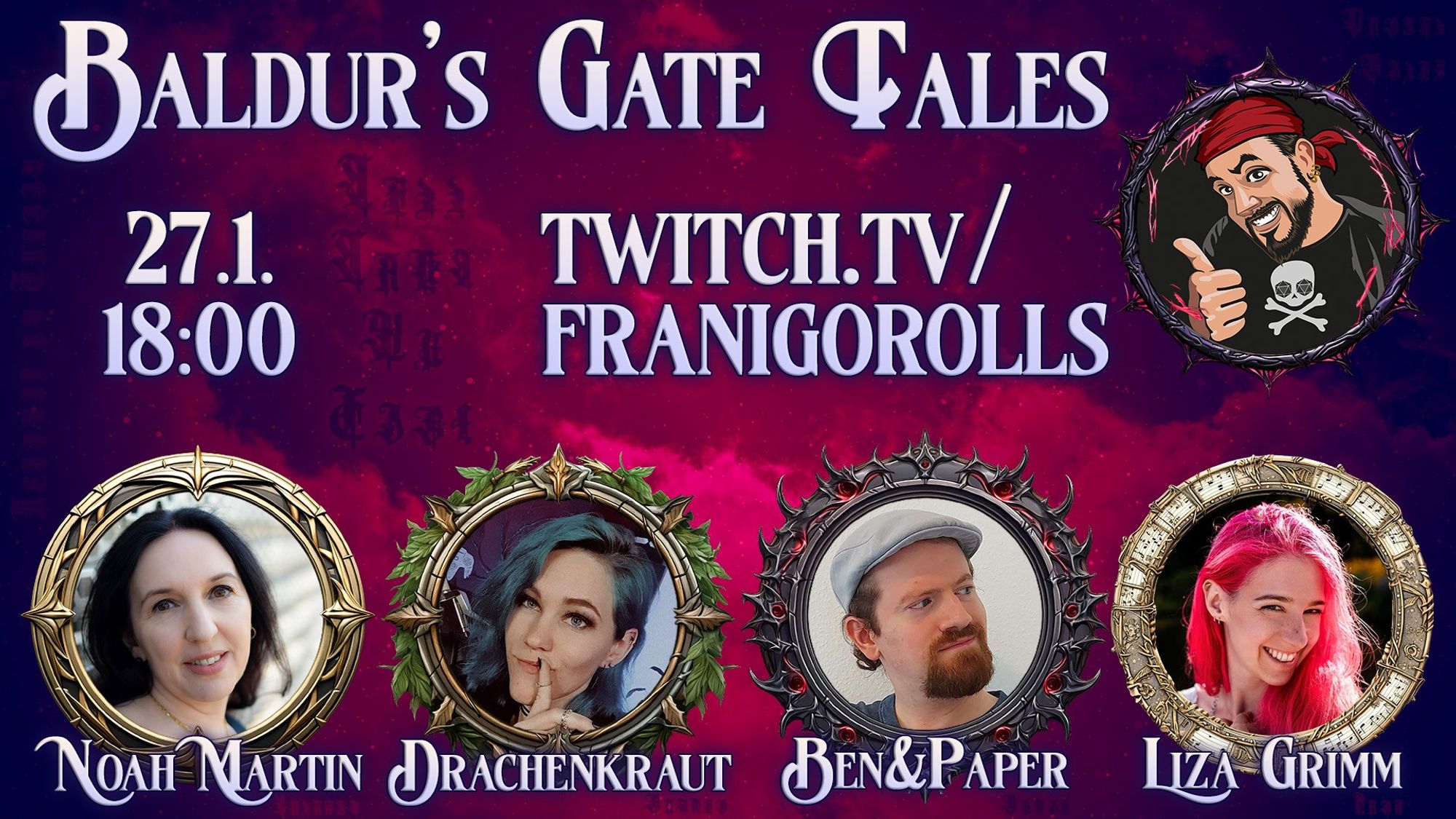 Flyer für Baldur's Gate Tales am 27.1. ab 18 Uhr auf twitch.tv/franigorolls im pupur-rosa Wolken-Style mit Portraits der Gruppe.