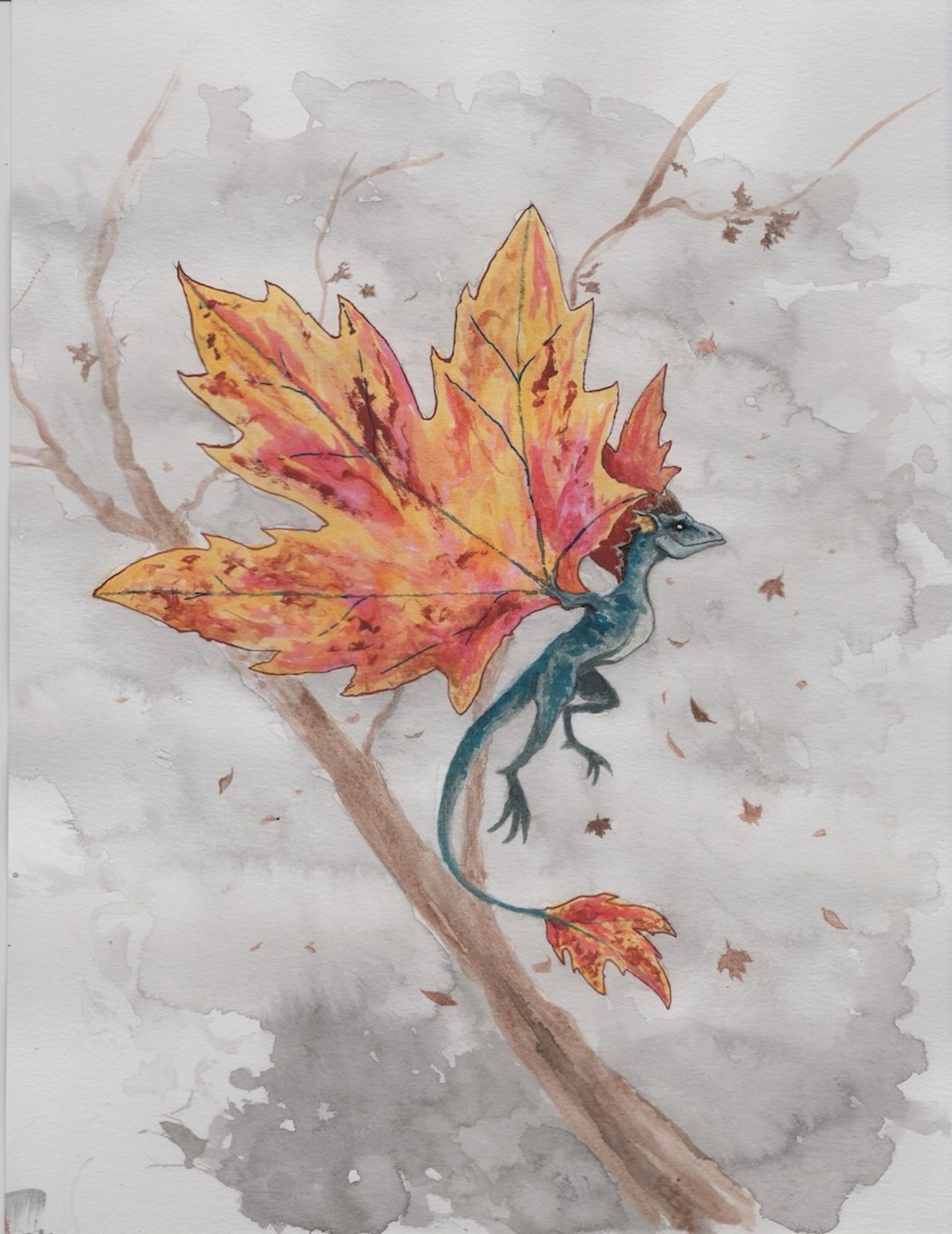 A tiny dragon with maple leaf wings on a blustery autumn day.