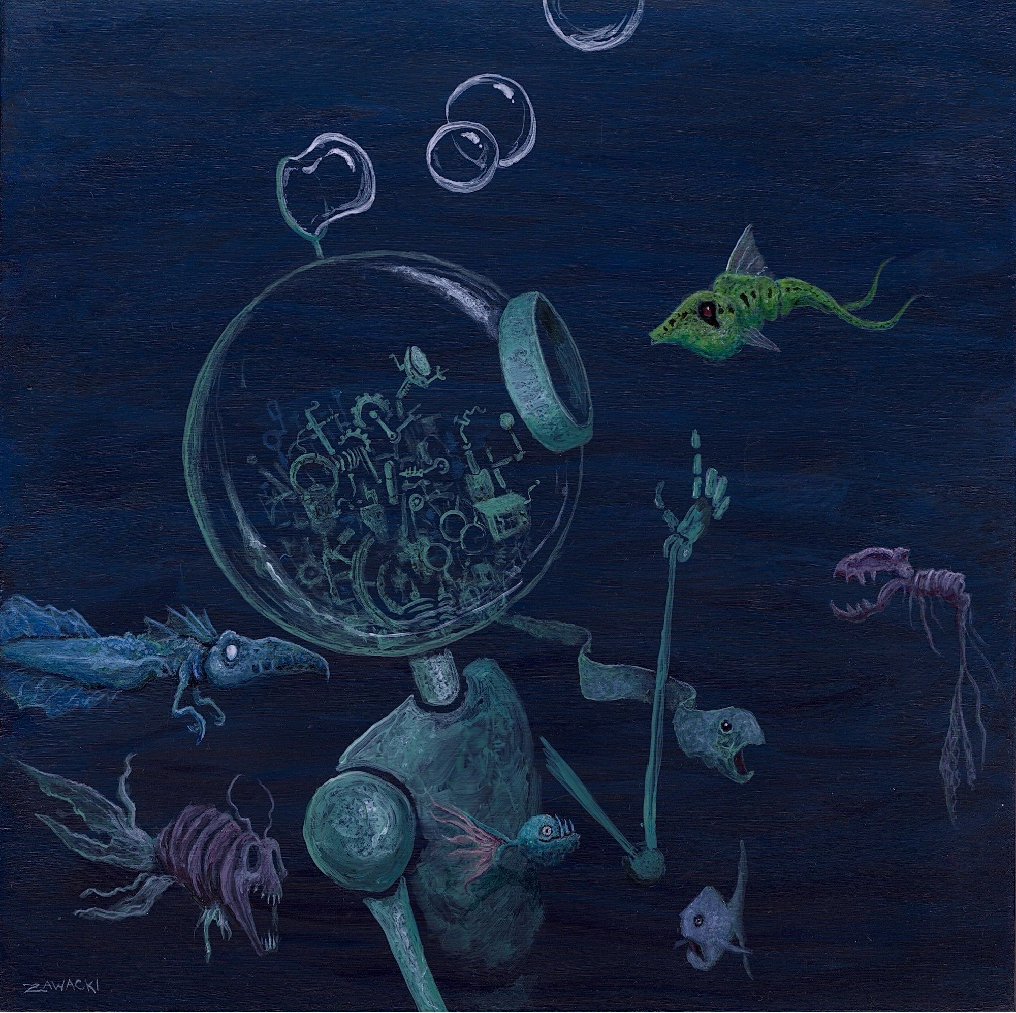 A painting of a robot, with a spherical glass head containing clockwork mechanisms, encountering sea life in the ocean.