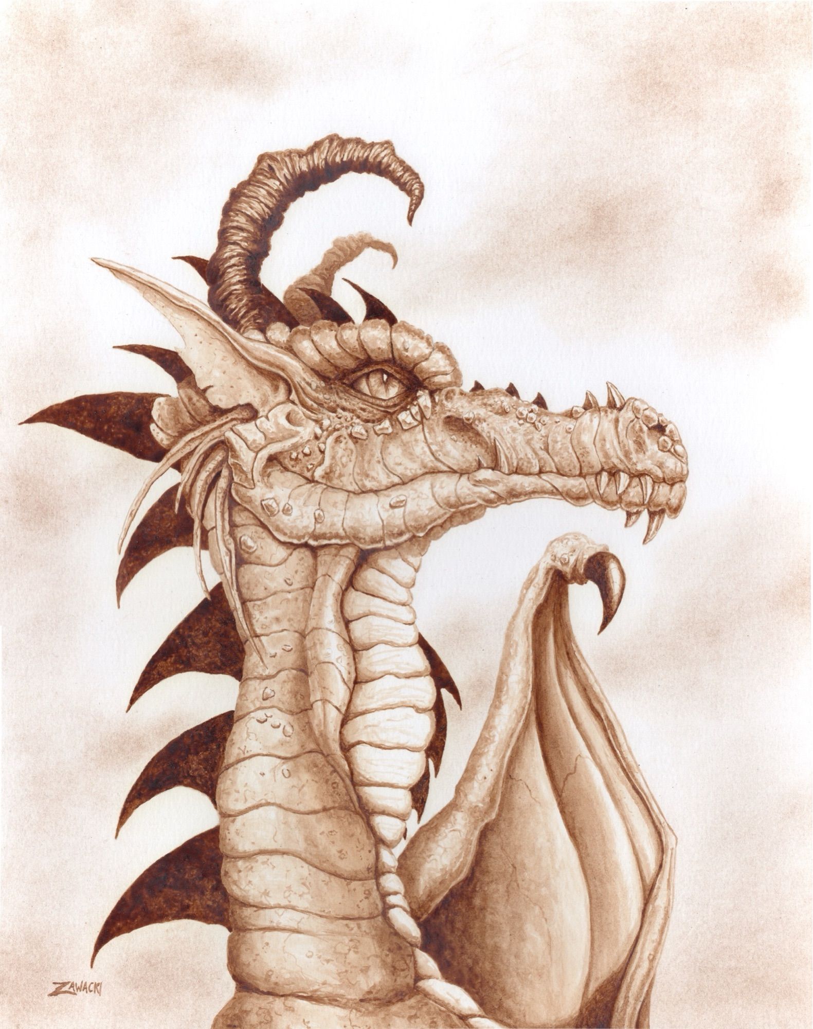 Profile portrait of a dragon, painted with coffee.