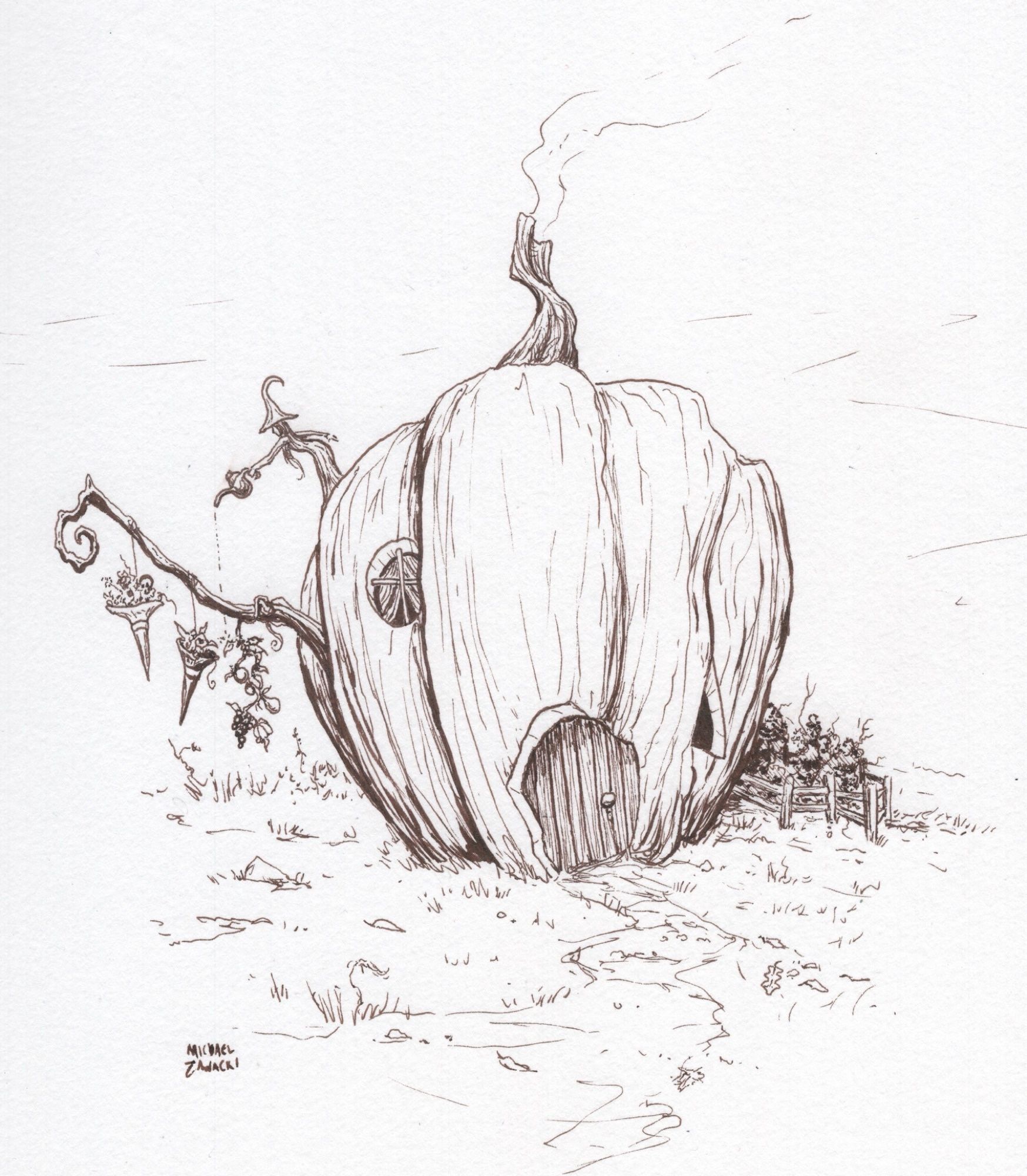 A pumpkin home. A witch on the roof, watering a garden in hanging hats. Drawn with sepia ink.