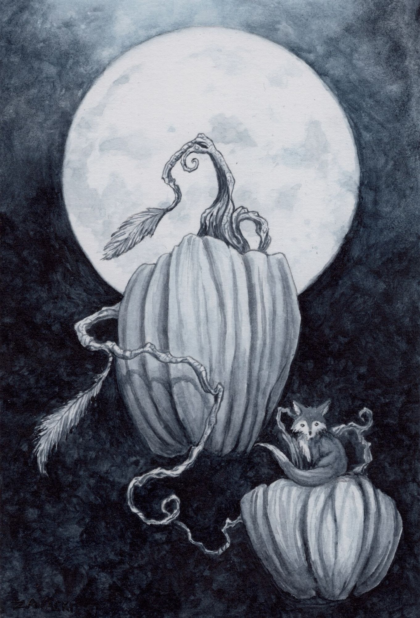 A fox sits on one of two pumpkins that are in the sky and connected by a vine which is sprouting feathers before a full moon.