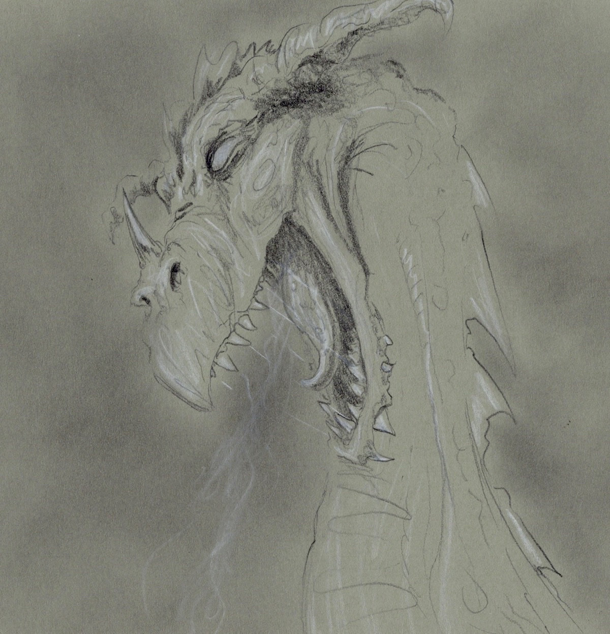 Sketch of a dragon preparing to breathe fire.