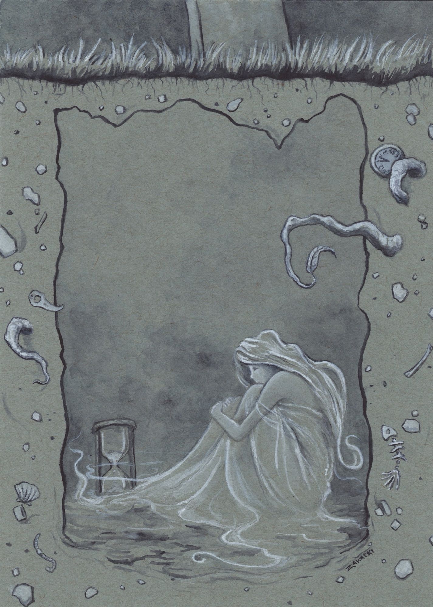 Cutaway view of a ghost in her grave watching an hourglass.