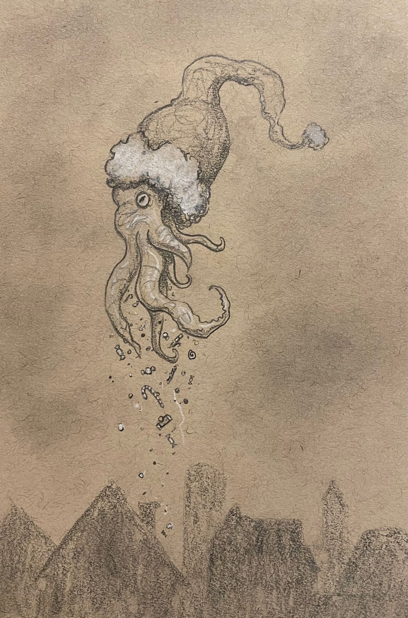 Drawing of a colossal cephalopod with a Santa hat flying through the air, dropping candy.