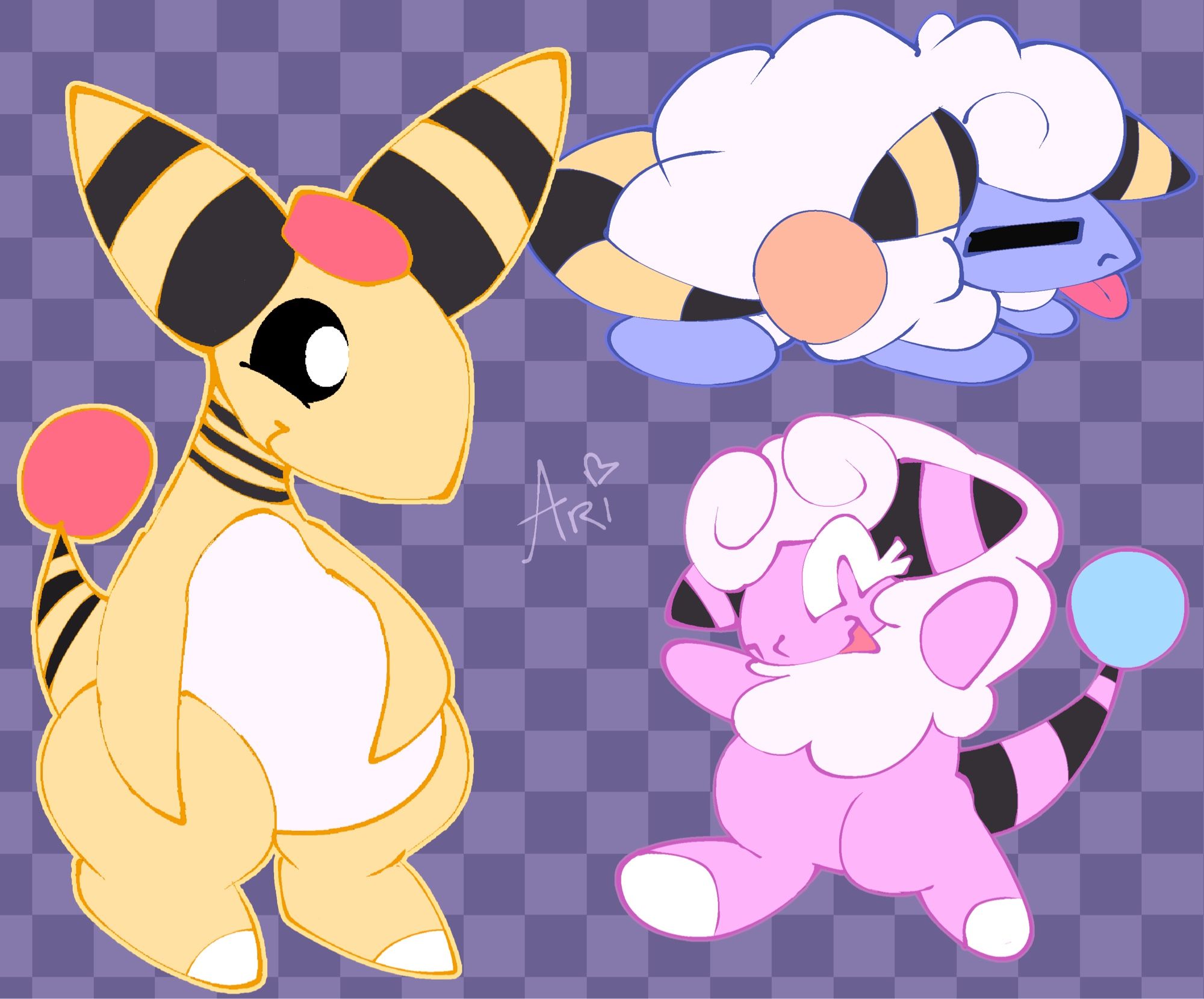 Some Artwork of Mareep, Flaaffy, and Ampharos from Pokemon.