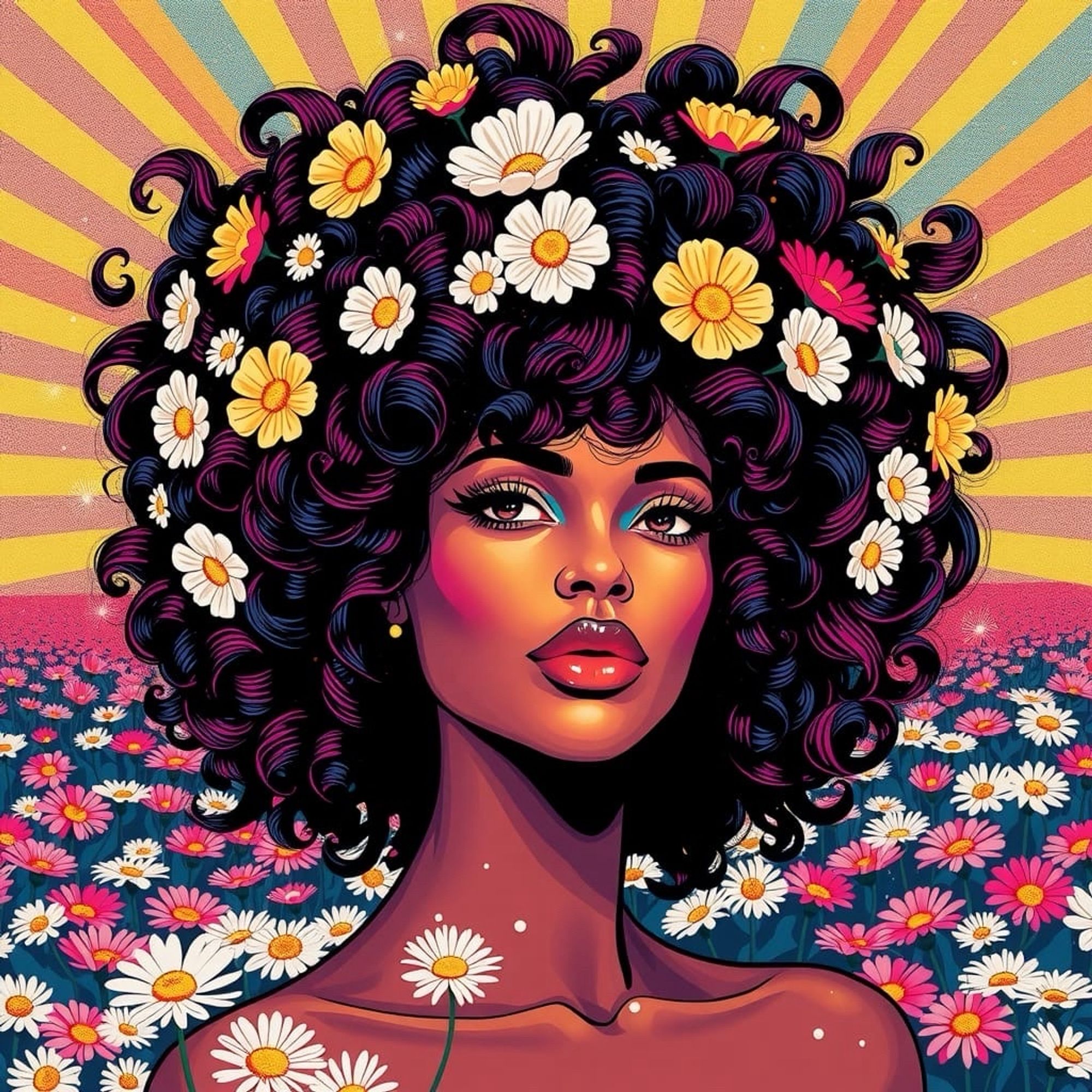 A digital painting of an African American woman with flowers in her hair and against a backdrop of even more flowers and a striped sky.