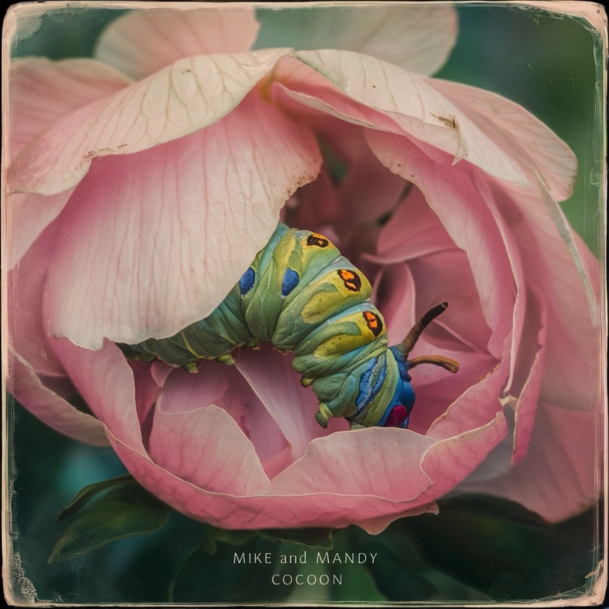 A record cover that has a luminescent multicolored caterpillar nestled in a giant pink flower