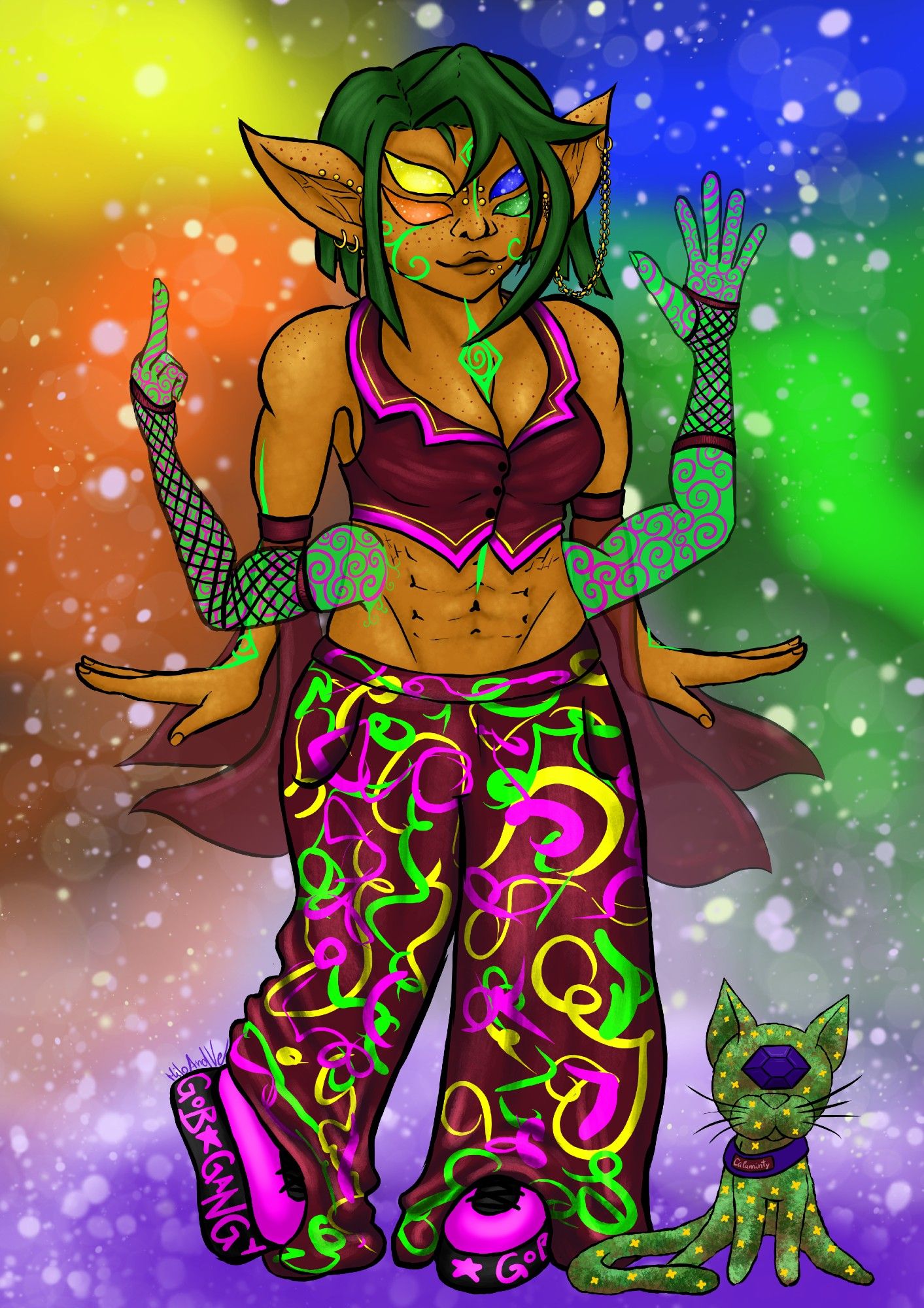 Digital art of a greenhaired fae goblin with for different colored eyes (left: yellow and orange, right: blue and green) she's wearing a short winered vest with detached sleeves, very wide pants that are covered in neon pink, green and yellow squiggly lines and pink platform shoes with 'gob gang' written on the soles in pink. From her wais grow two slightly translucent green arms with pink swirls on them. Next to her sits a green golem cat that is covered in yellow flowers and instead of eyes there is just one big amethyst. On it's collar is written 'Calaminthy'
The background multicolored clouds with white starlike sprinkles