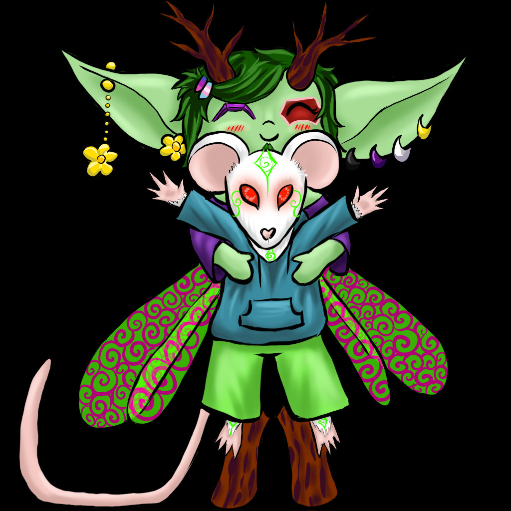 a chibi style drawing of Milo, a green goblin with branches growing from their forehead and wooden legs holding up Ve, a winged albino rat with green swirly markings on his face and paws, he's wearing a blueish hoodie and green pants