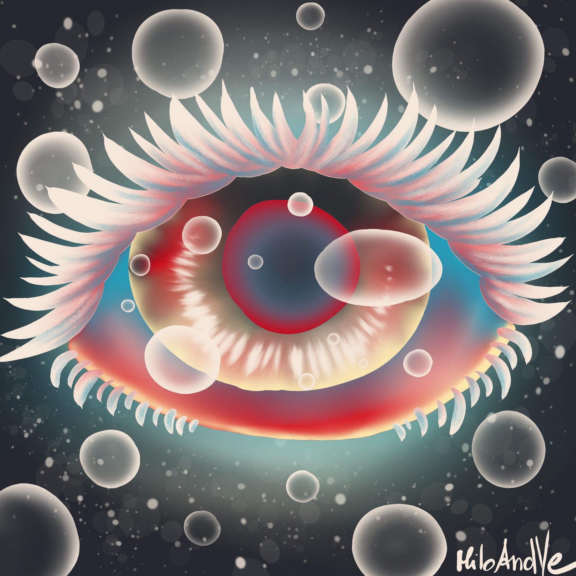 An eye drawn with a limited color palette (red, blue, blond, white, black)  inspired by albino_yetiiis character