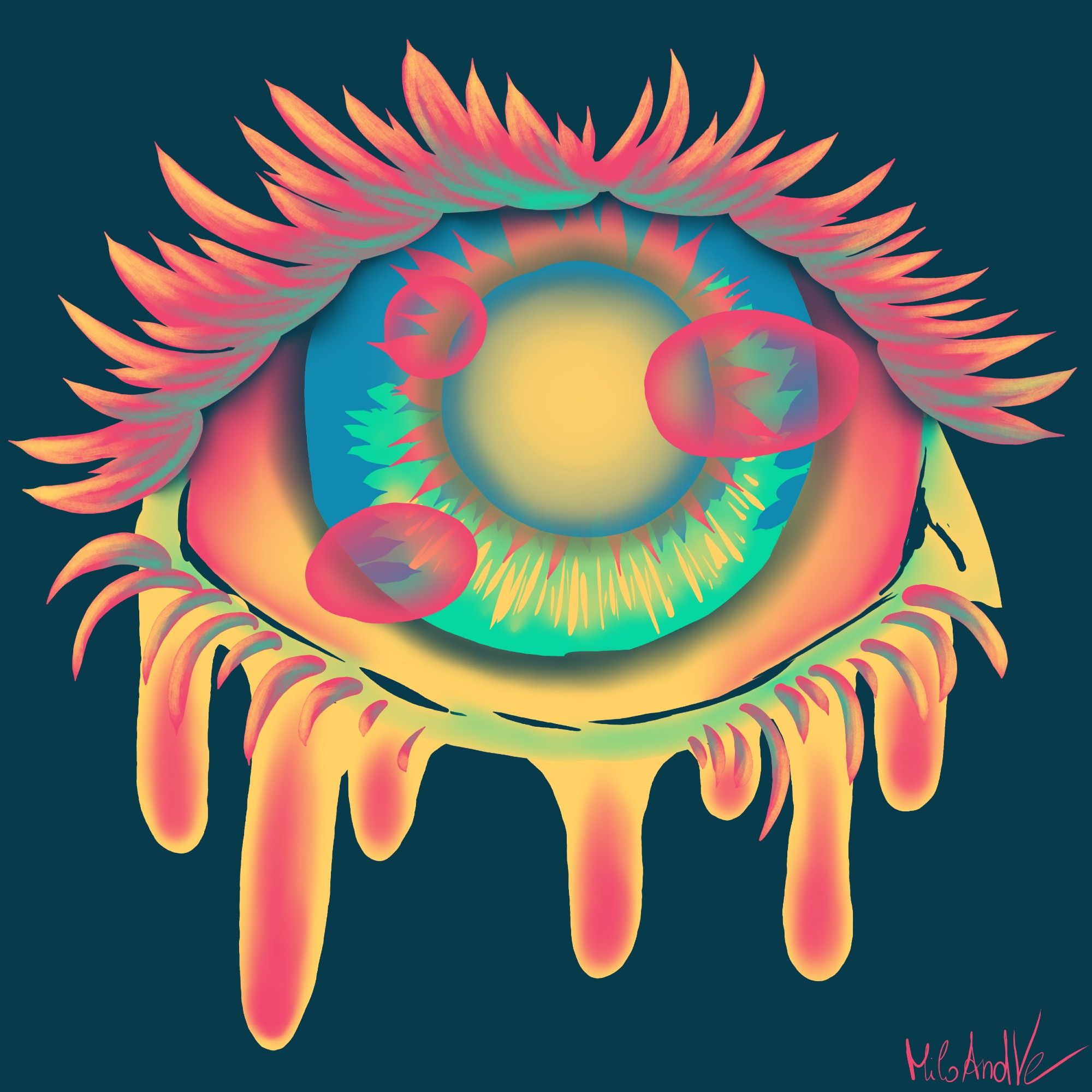 An eye drawn with a small colorpalette (red, yellow, blue, turquise, dark blue)