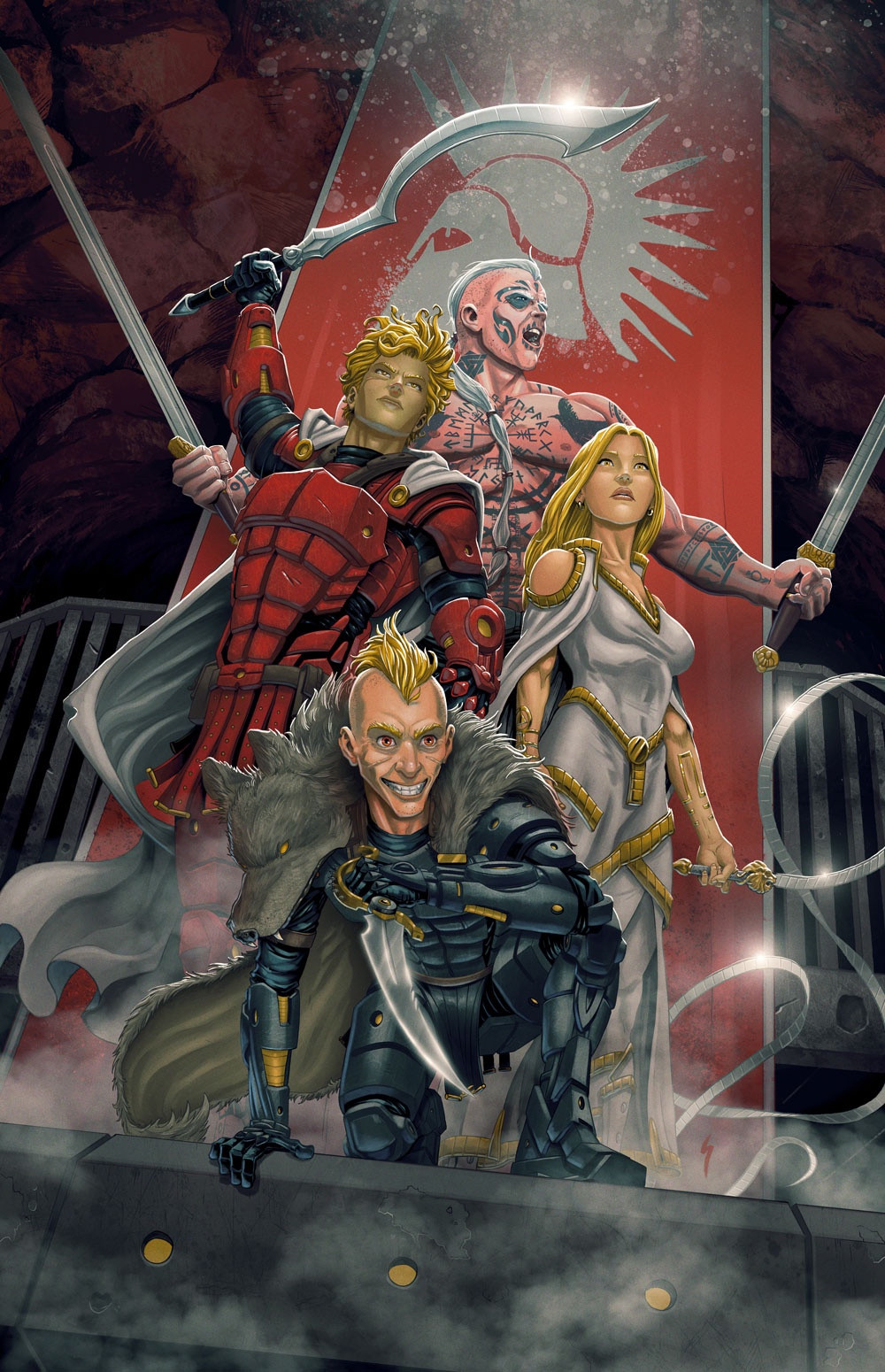 From Pierce Brown's Red Rising series, Darrow, Ragnar, Virginia and Sevro stand triumphant in front of a Sons of Ares banner in the caverns of Mars.