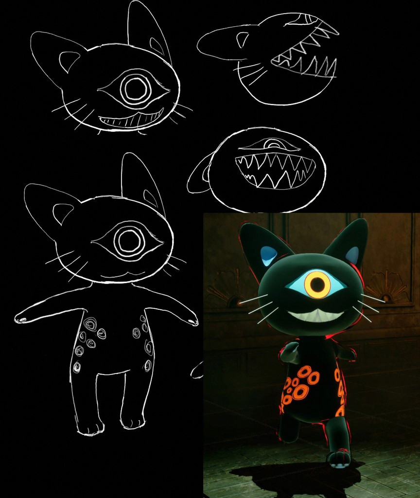 A Sanrio-like demon cat character in a video game juxtaposed against its concept art.