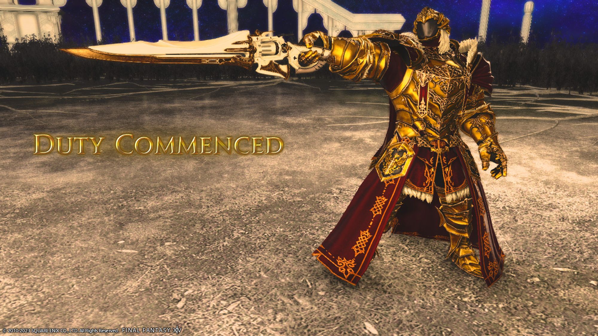 A hrothgar clad in an armor of gold, with red cloth underneath holds a gunblade of pure white. He stands on a ruined land, with pillars of white standing tall against the dark blue of the space. The words duty commence in gold letters can be red on the left side of the screen