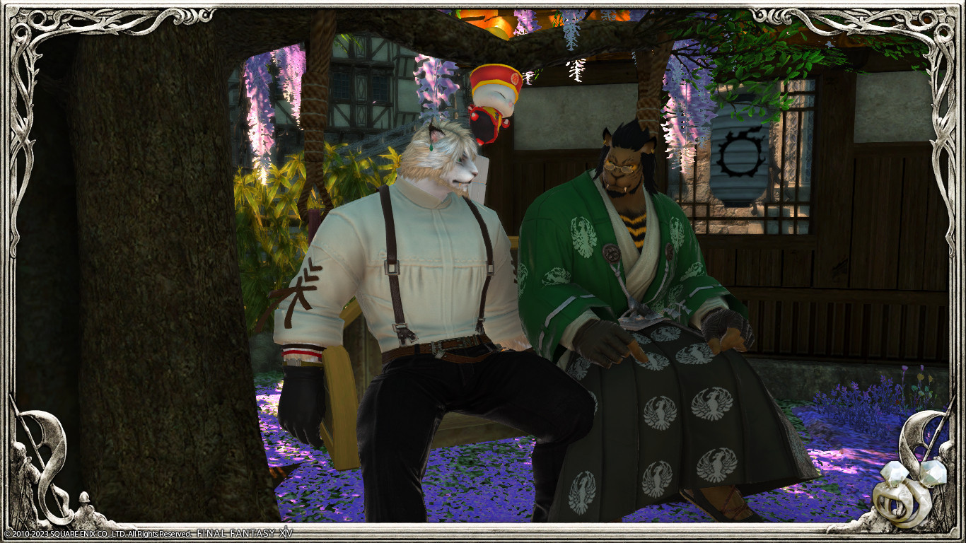 Two hrothgars sit on a wooden seat. One, with fur of pure white and wearing a white shirt and black pants, leans back while he looks at his companion gently. The other one, with brown fur and a black mane, wears a green and black kimono. He smiles gently at the white hrothgar.