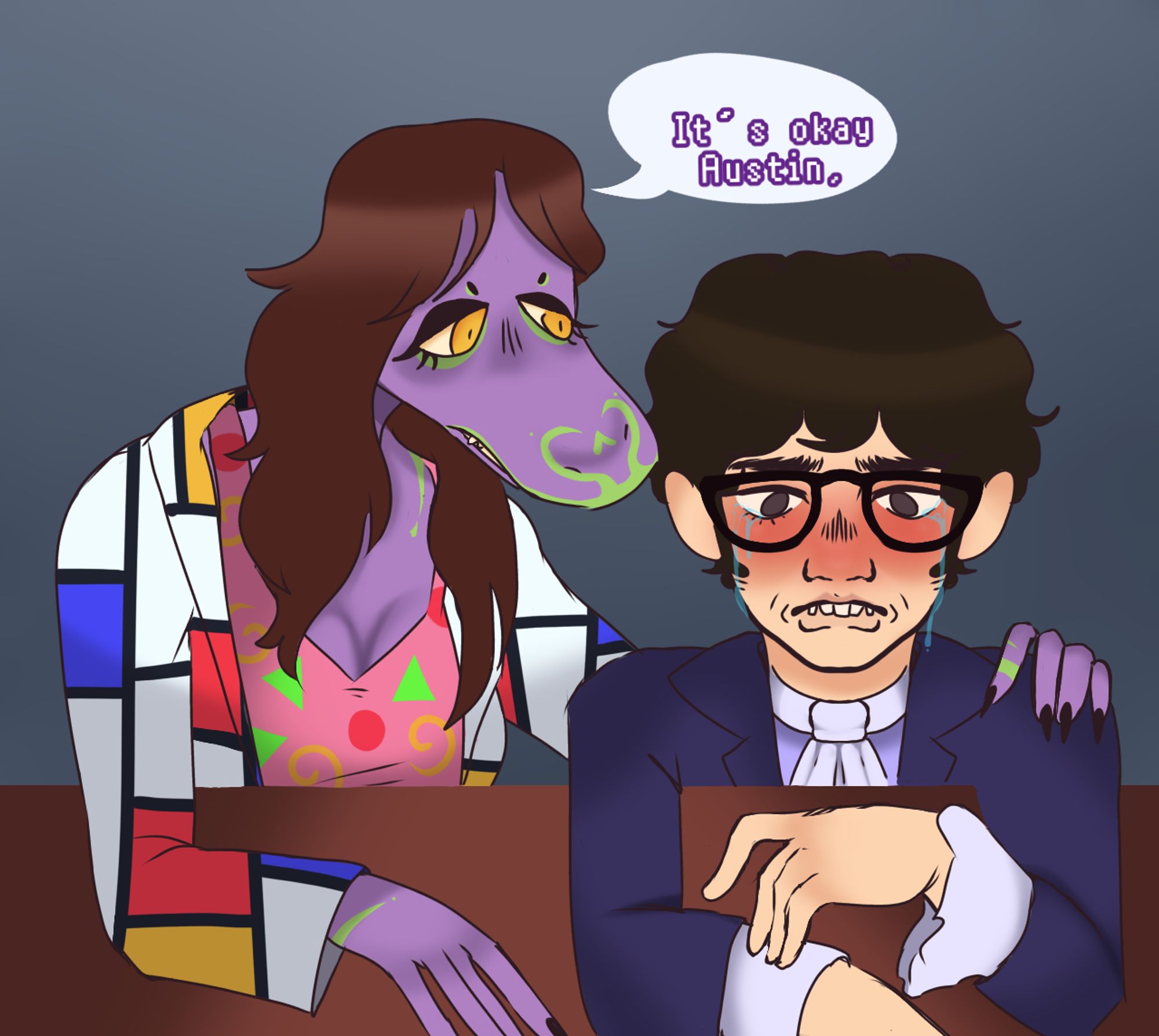 My snake fursona wearing a Piet Mondrian like jacket and pink swirly top as she holds and comforts Austin powers while he cries at a bar. She is saying "it's okay Austin."