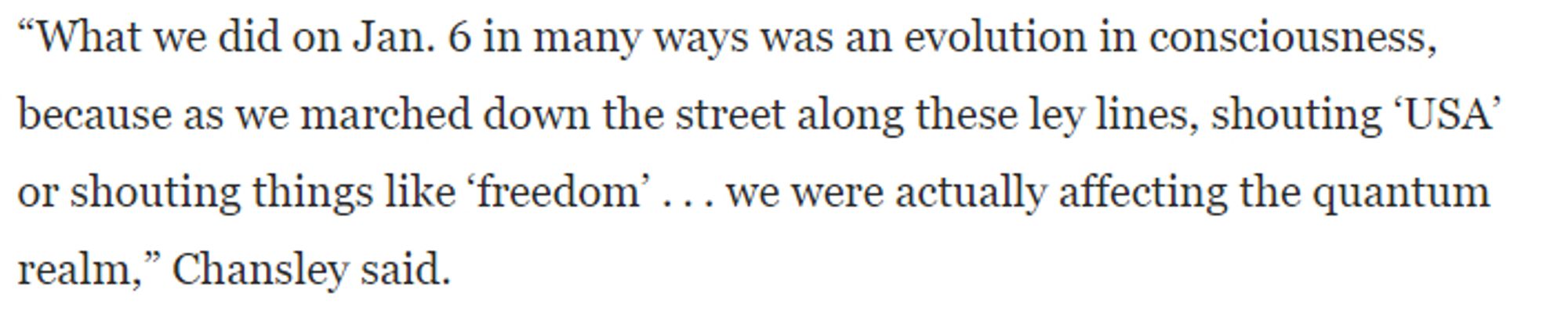 "What we did on Jan. 6 in many ways was an evolution in consciousness, because as we marched down the street along these ley lines, shouting 'USA' or shouting things like 'freedom'... we were actually affecting the quantum realm," Chansley said.