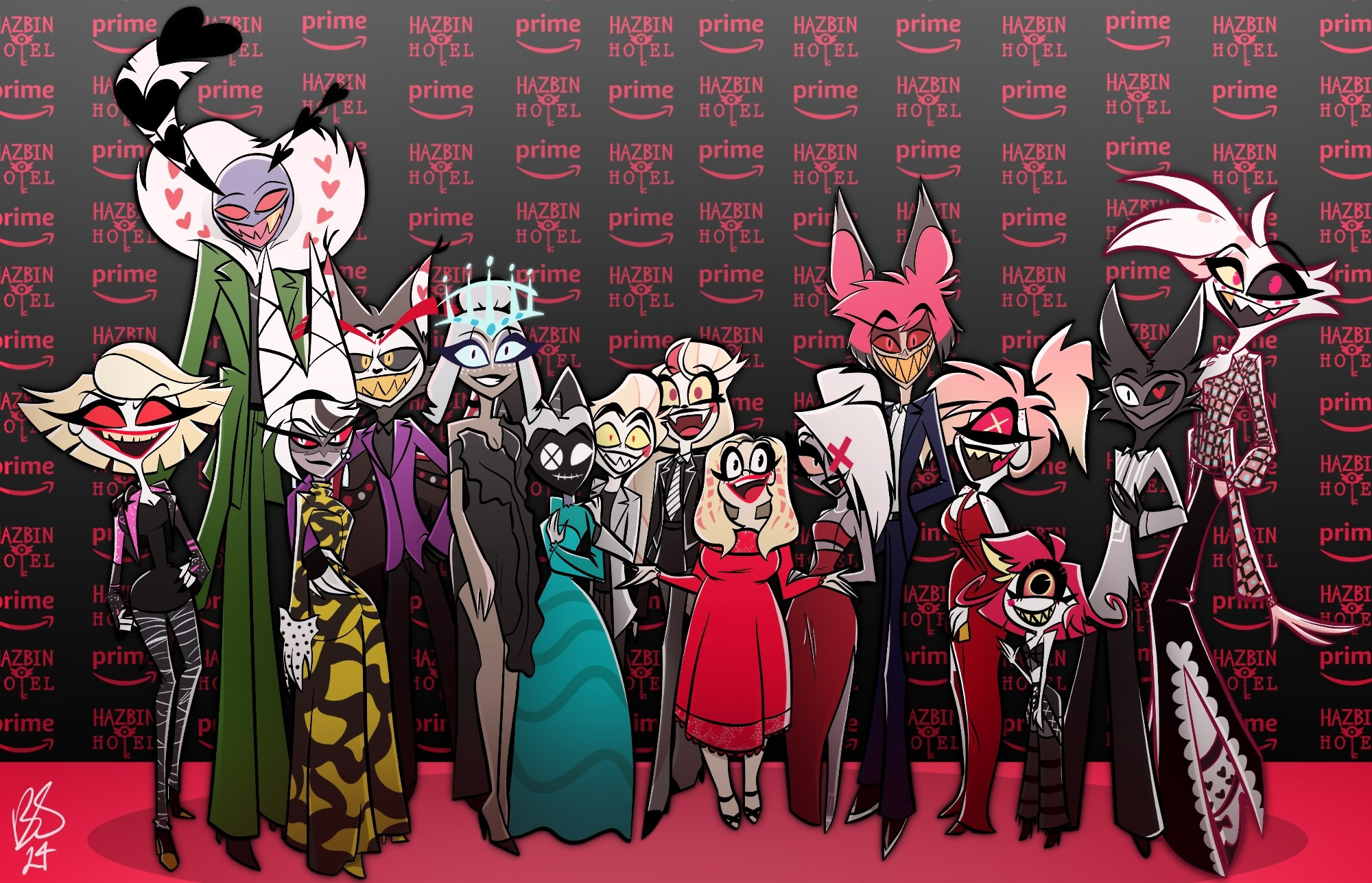 Hazbin Hotel cast premiere photo redrawn as their respective characters. From left to right:
Katie Killjoy, Valentino, Carmilla Carmine, Husk, Sera, Lute, Lucifer, Charlie, Vivziepop, Vaggie, Alastor, Cherri Bomb, Niffty, Travis, and Angel Dust