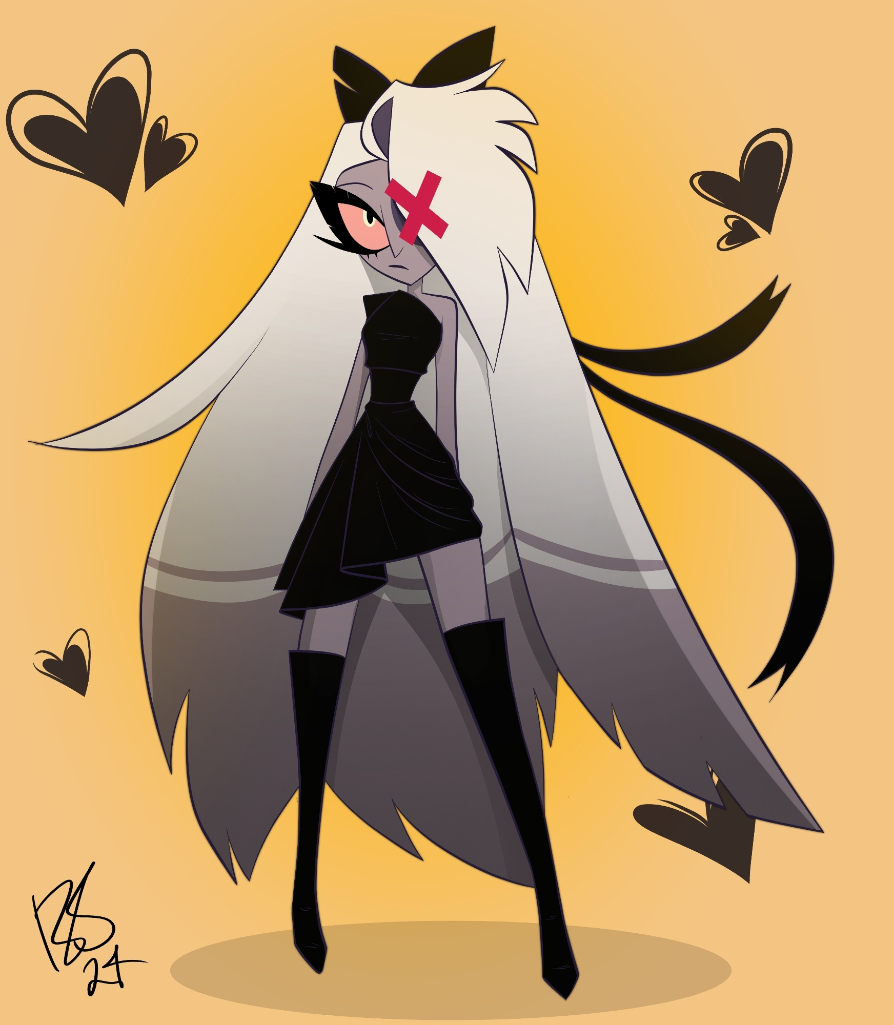 Vaggie from Hazbin Hotel wearing a black dress, a black hairbow, and black thigh-high boots