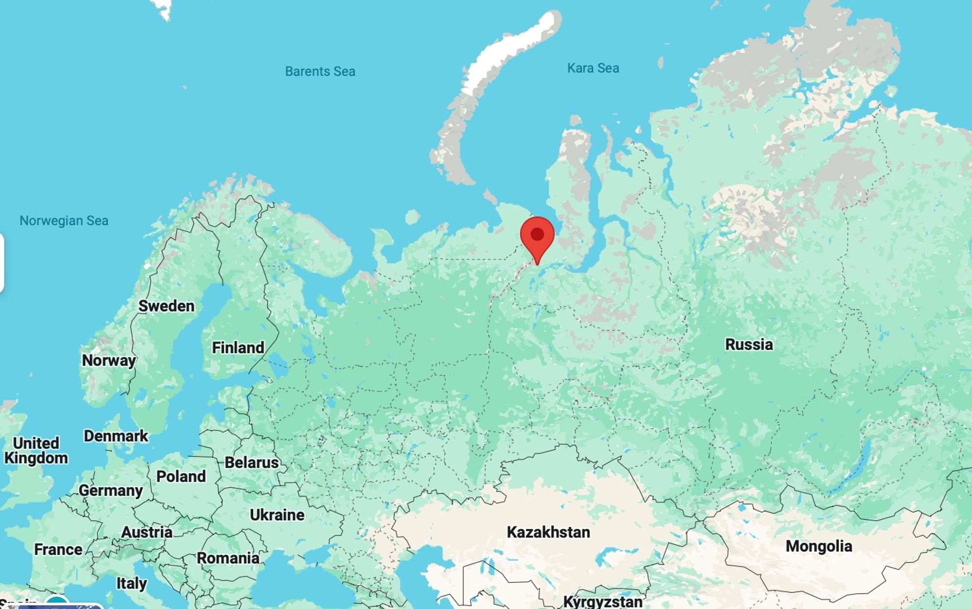 A map of Russia, with the village of Kharp marked with a red marker. The village is in the far north of central Russia, close to the Arctic circle.