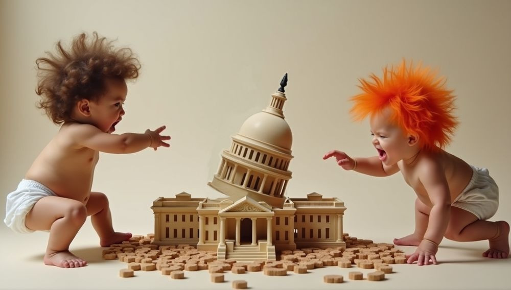 Picture of two angry, crazy toddlers wearing diapers, destroying a toy US capitol building. One toddler has sticking out brown hair, the other has sticking out orange hair. They represent the two nutjobs trying to destroy democracy shortly after the orange one was inaugurated