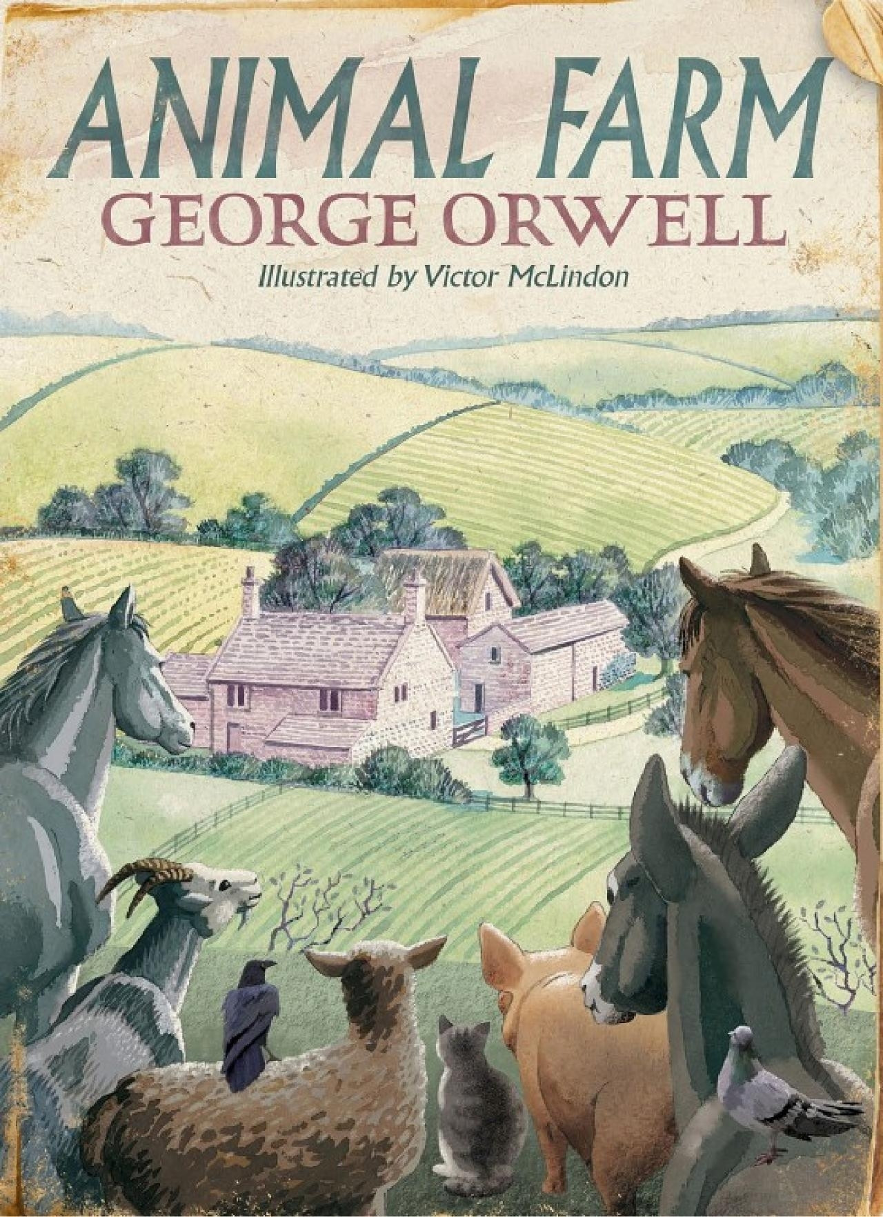 Des animaux (cheval, mouton, chèvre, cochon, chat...) observant une ferme en contrebas.