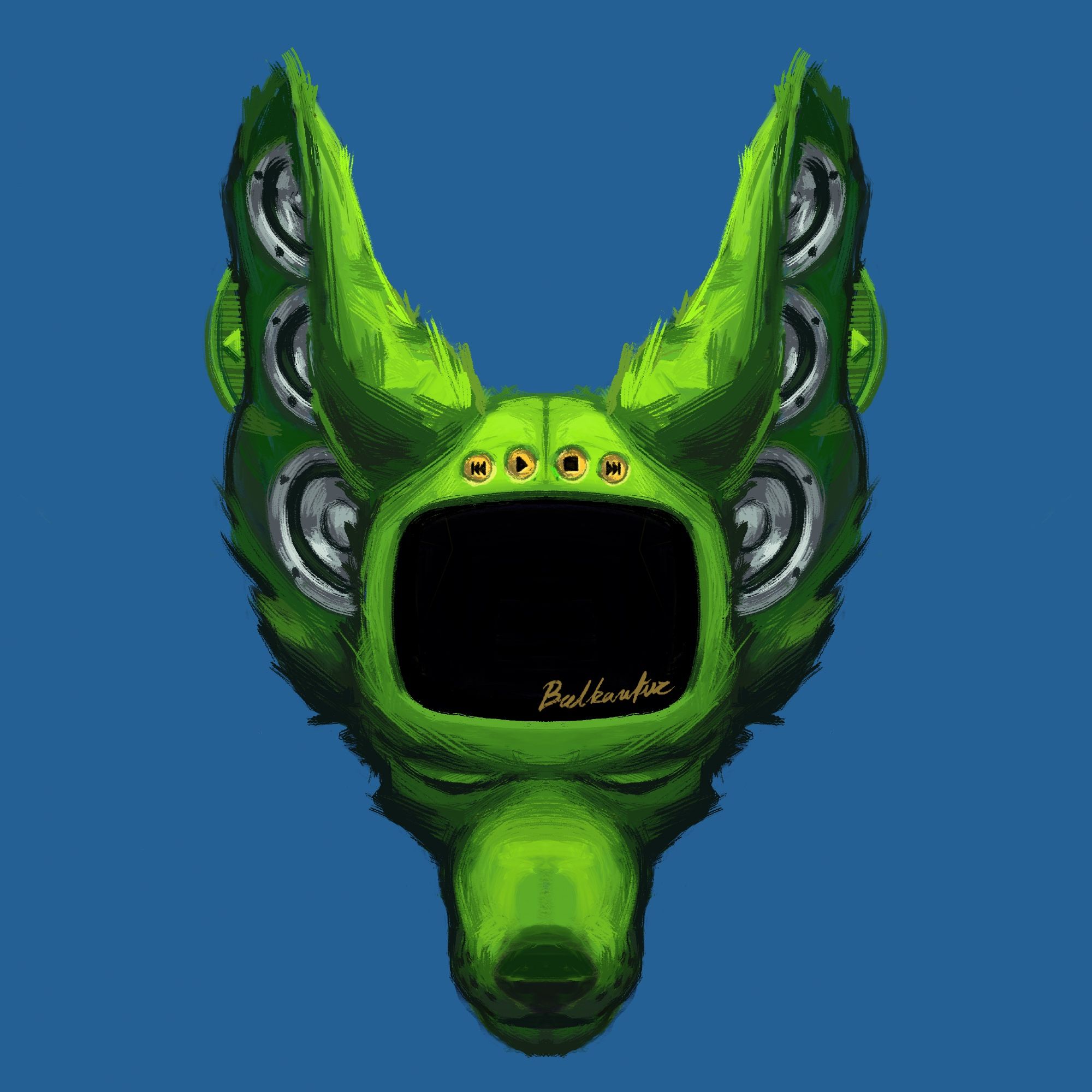 A furry version of the Headspace skin for Windows Media Player - a green canid head, tilted downward, entirely drawn out in shades of green, and illuminated from above. Their forehead houses a cutout for a CRT screen, which usually displays the visualizer. Media controls reside above. Their oversized ears house three metallic speaker cones each.