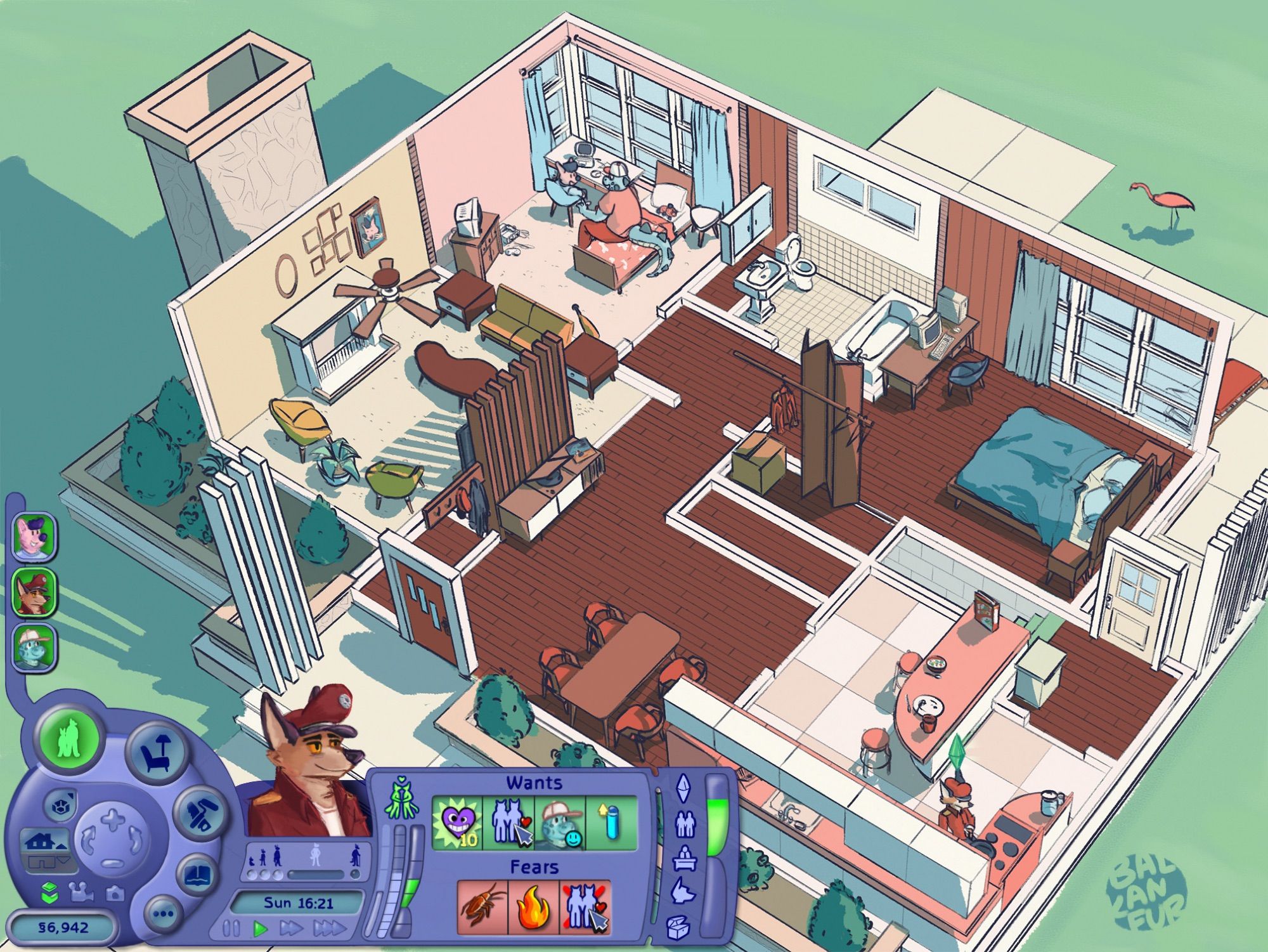 A drawover of a mid-century styled Sims build, with three furries hanging out within. Gatorade and Konsti are in a pink-painted bedroom, while Hickory, active character, is in the kitchen cooking something up. The UI is also redrawn and resides in the lower left. 