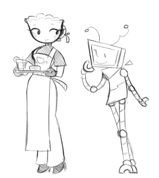 Artwork of Alternative Universe versions of Teagan and Vee from the ROBLOX game 'Dandy's World'. Teagan is wearing an outfit resembling a barista. Vee is wearing a bandana and has C-shaped hands and feet as opposed to regular limbs.