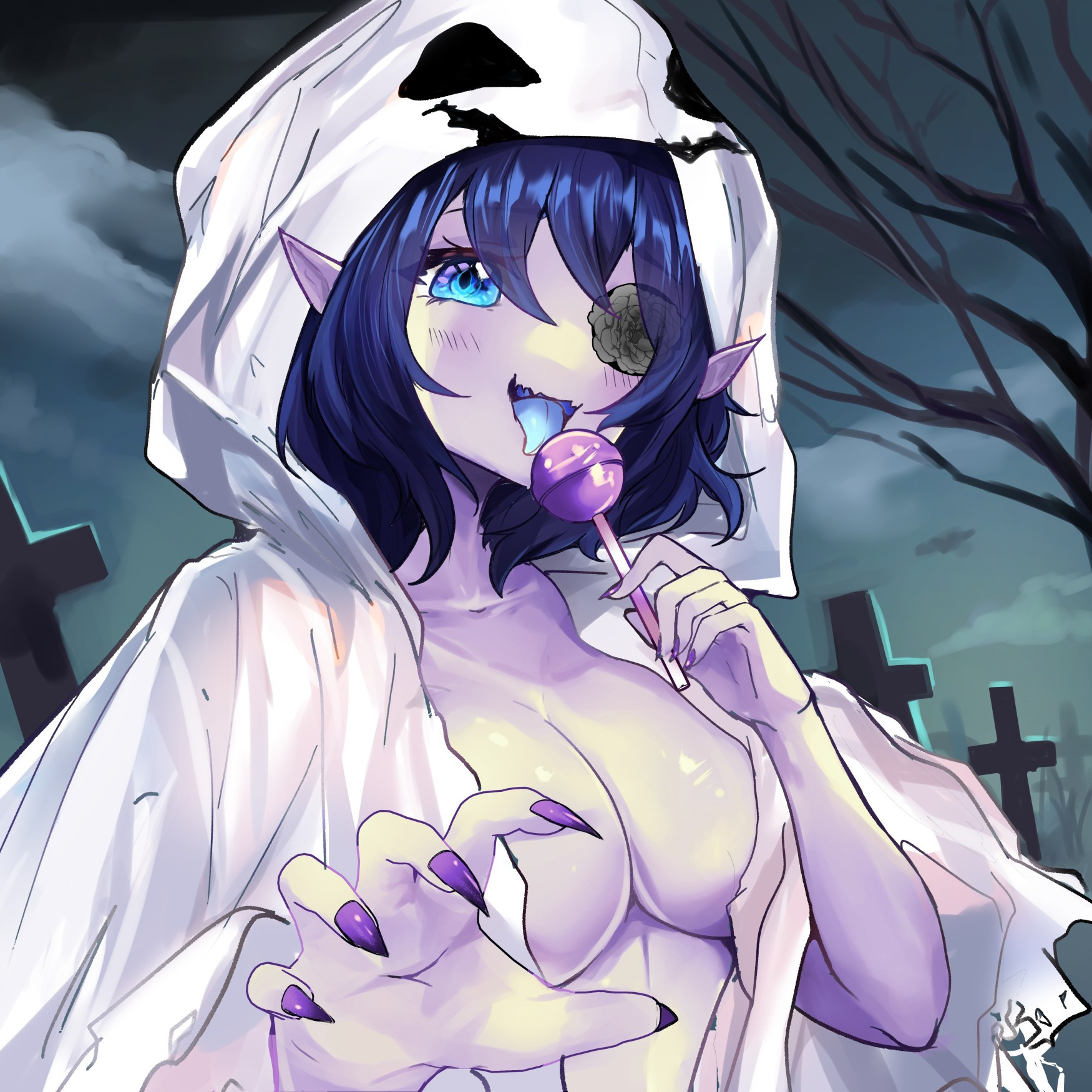 A Glacie blushing licking a lollipop in a ghost outfit. She is showing off her nails and is ready to haunt you