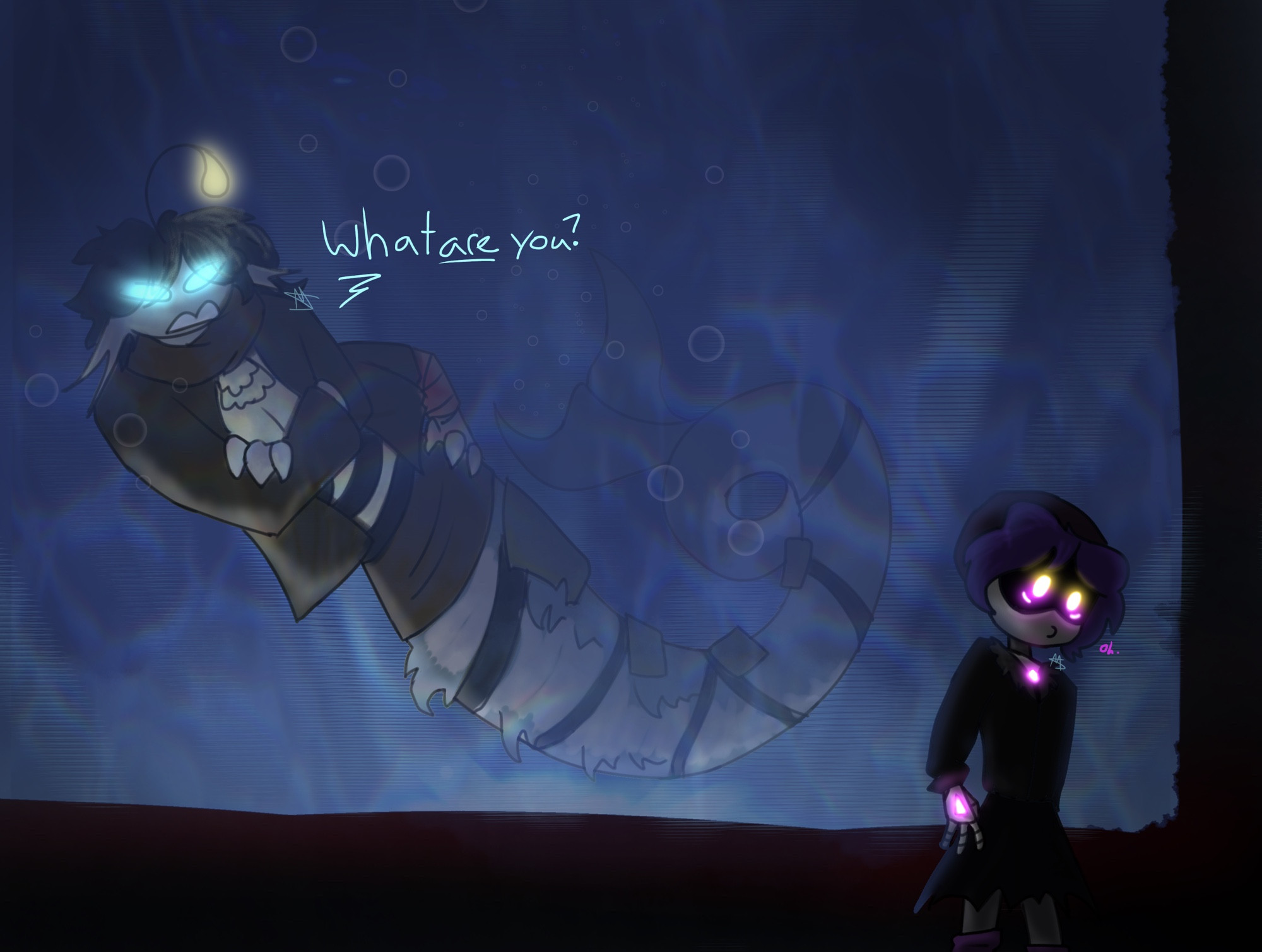 Sebastian (from hit game Roblox Pressure) criticizes Uzi (from hit show Murder Drones) with a snarky “What *are* you?” from behind an underwater window. 