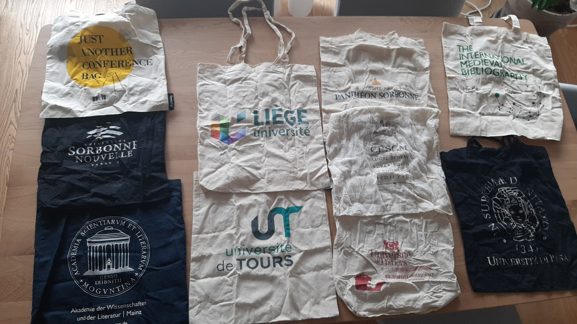 10 conference tote bags from european universities