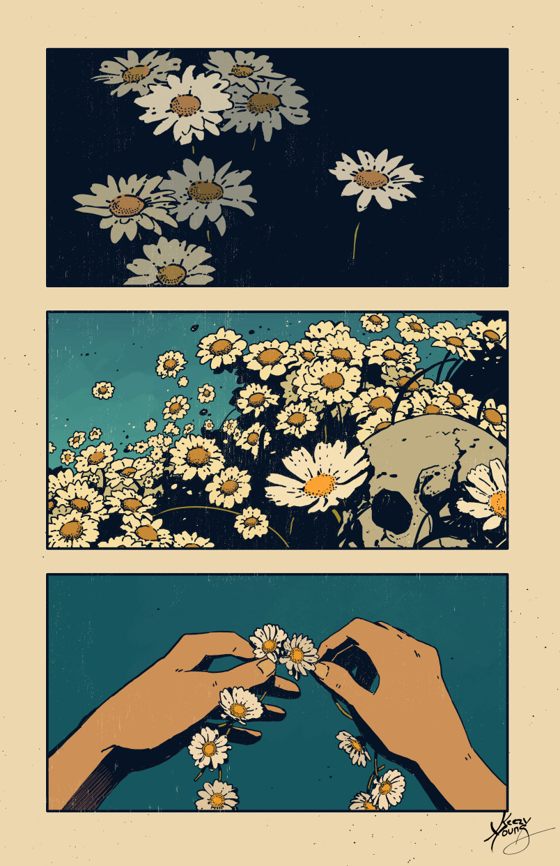 three images of daisies, one with a skull, and one with hands making a daisy chain