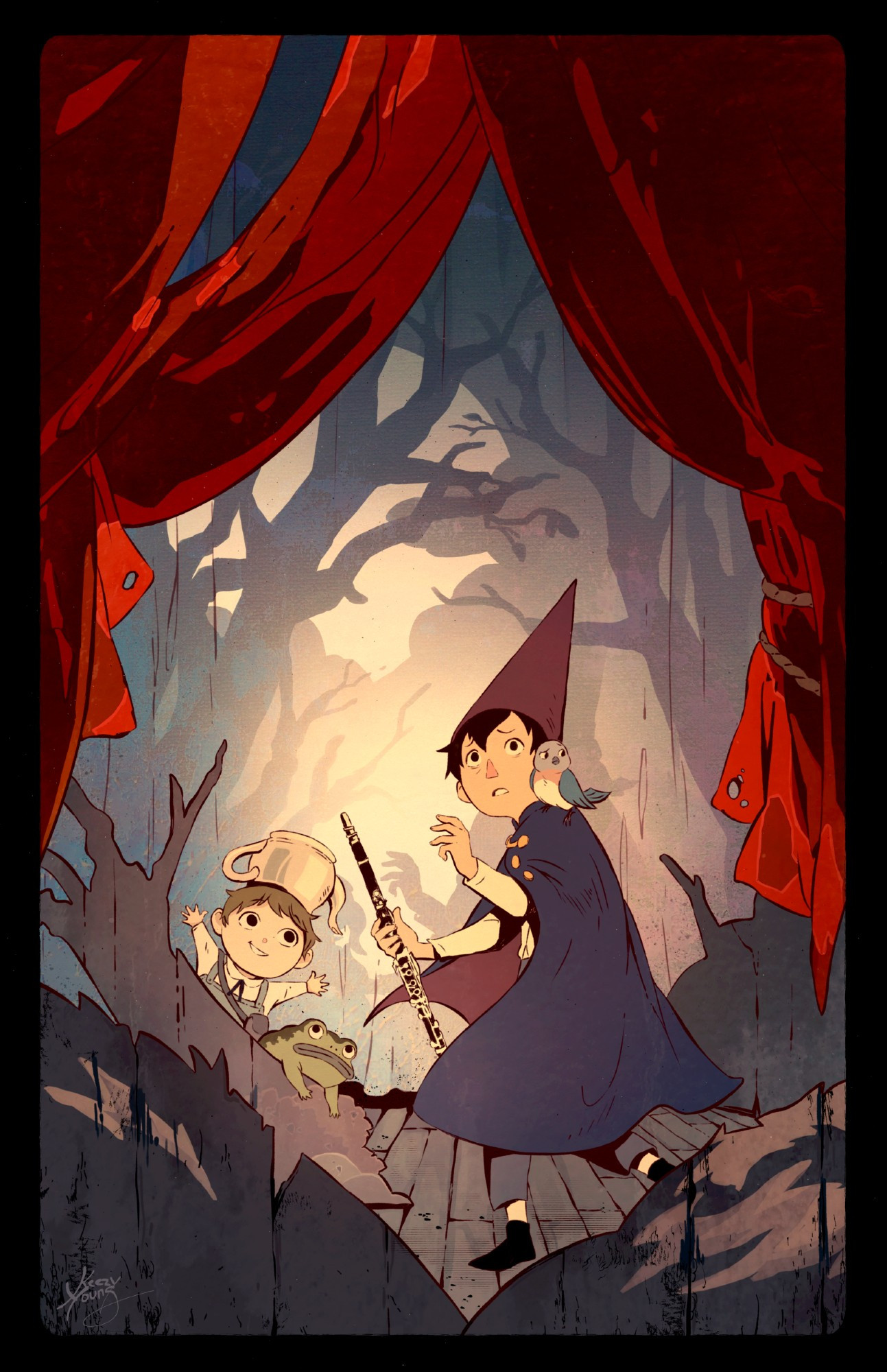 over the garden wall cover art showing wirt and greg and beatrice on a stage with wooden props; wirt is holding a clarinet and looking anxious, beatrice looks suspicious, and greg is having a grand time