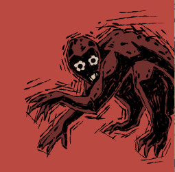 a scary red guy with daisies for eyes