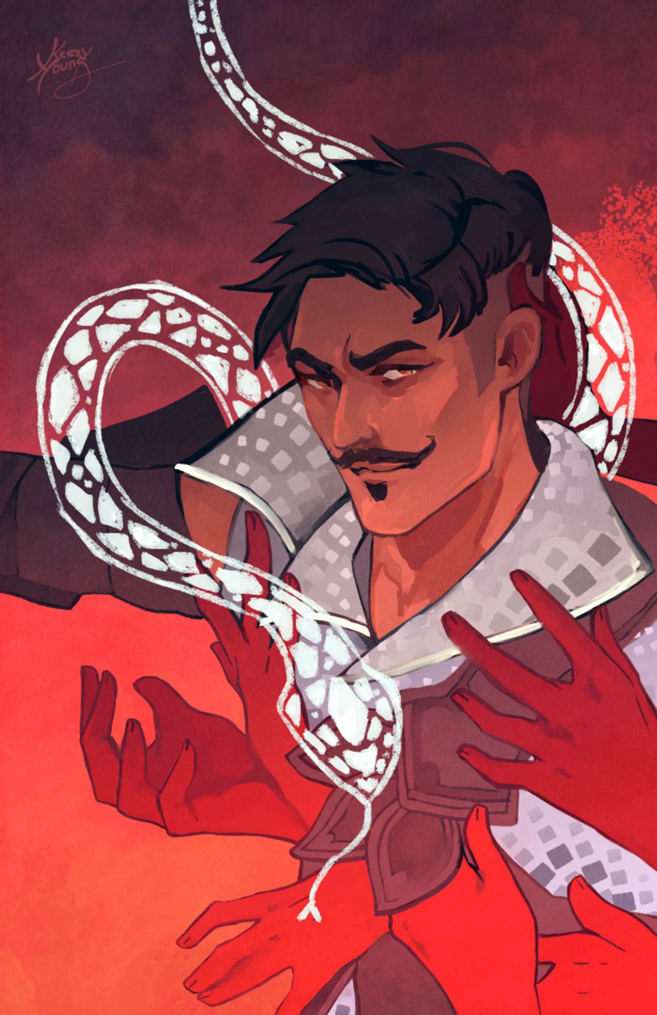 dorian from dragon age with red hands reaching around him