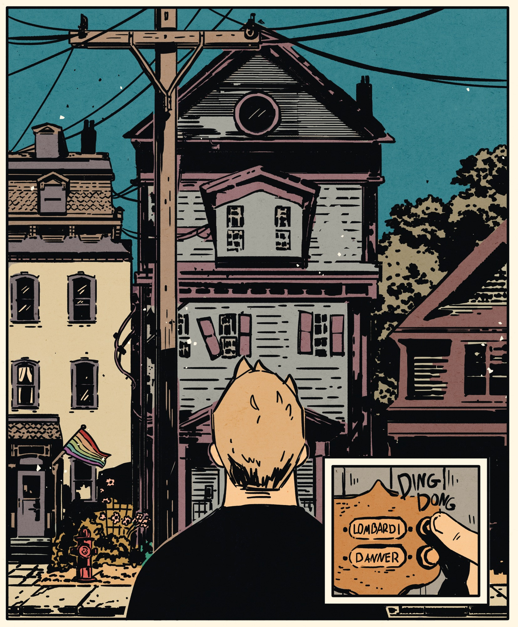 noah looking at a dilapidated house and ringing the doorbell
