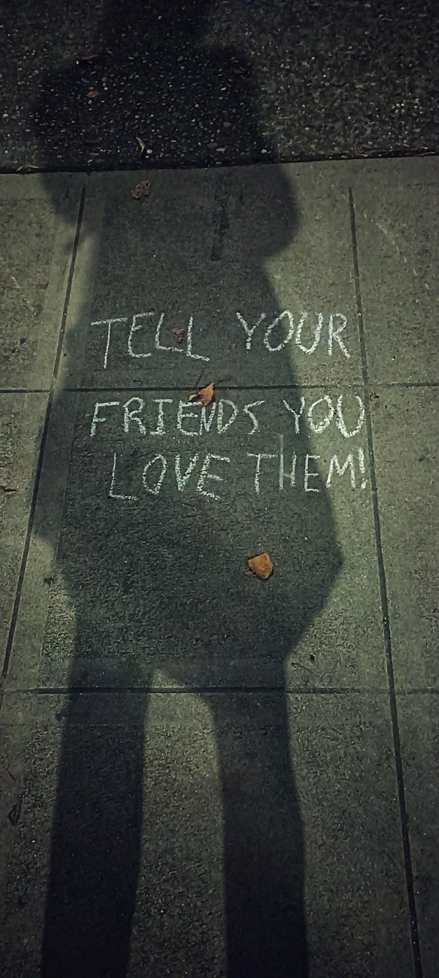 sidewalk chalk that says "tell your friends you love them" with my silhouette in winter parka and sweatpants haha