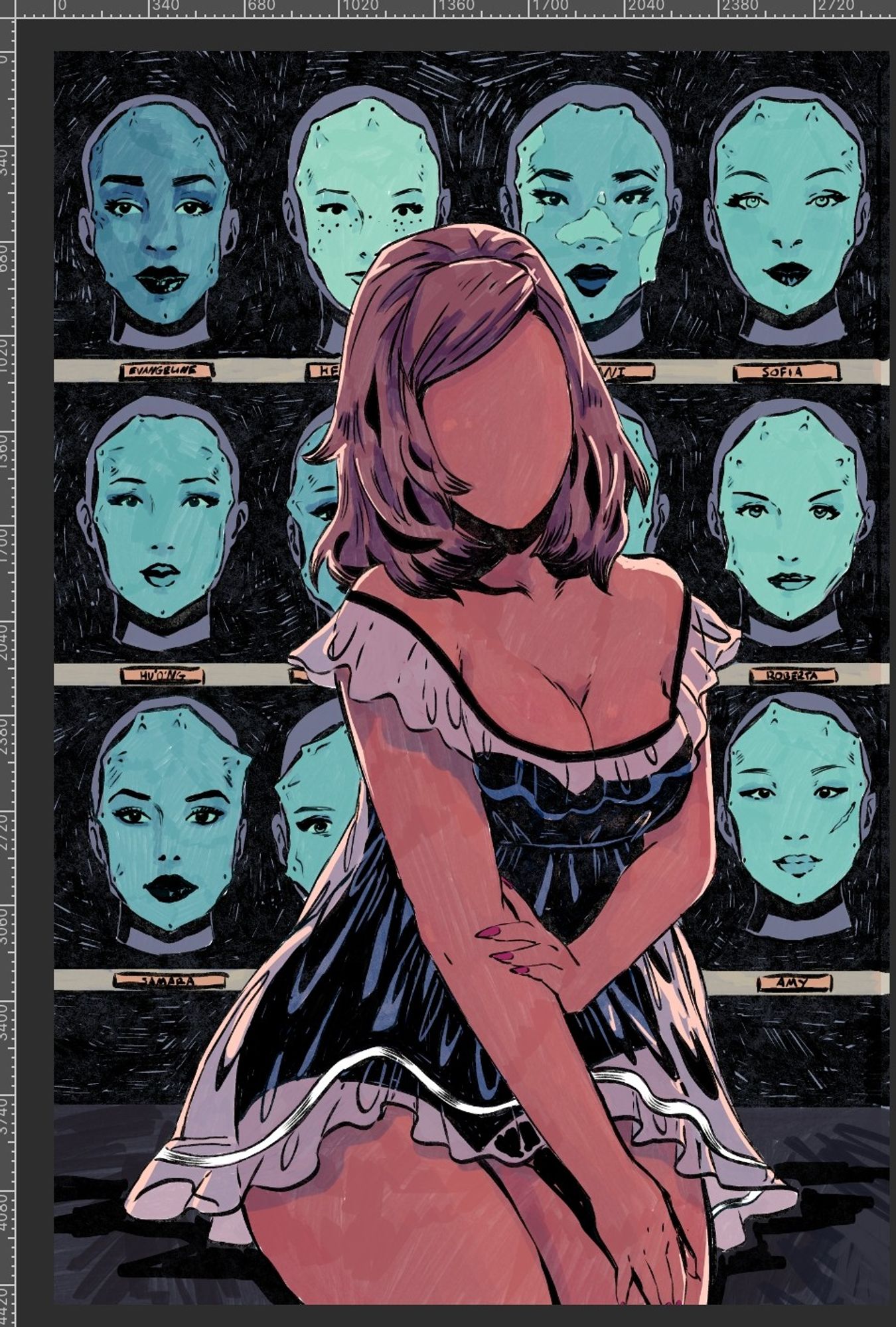 pinup girl with no face in front of a bunch of rows of faces pinned to mannequin heads