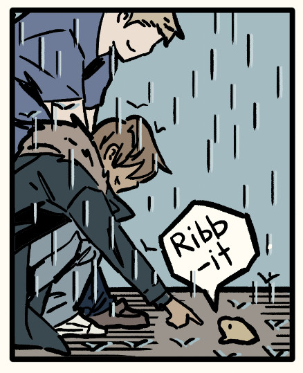 tiny panel of noah and alex looking at a frog that says 'ribbit' in the rain