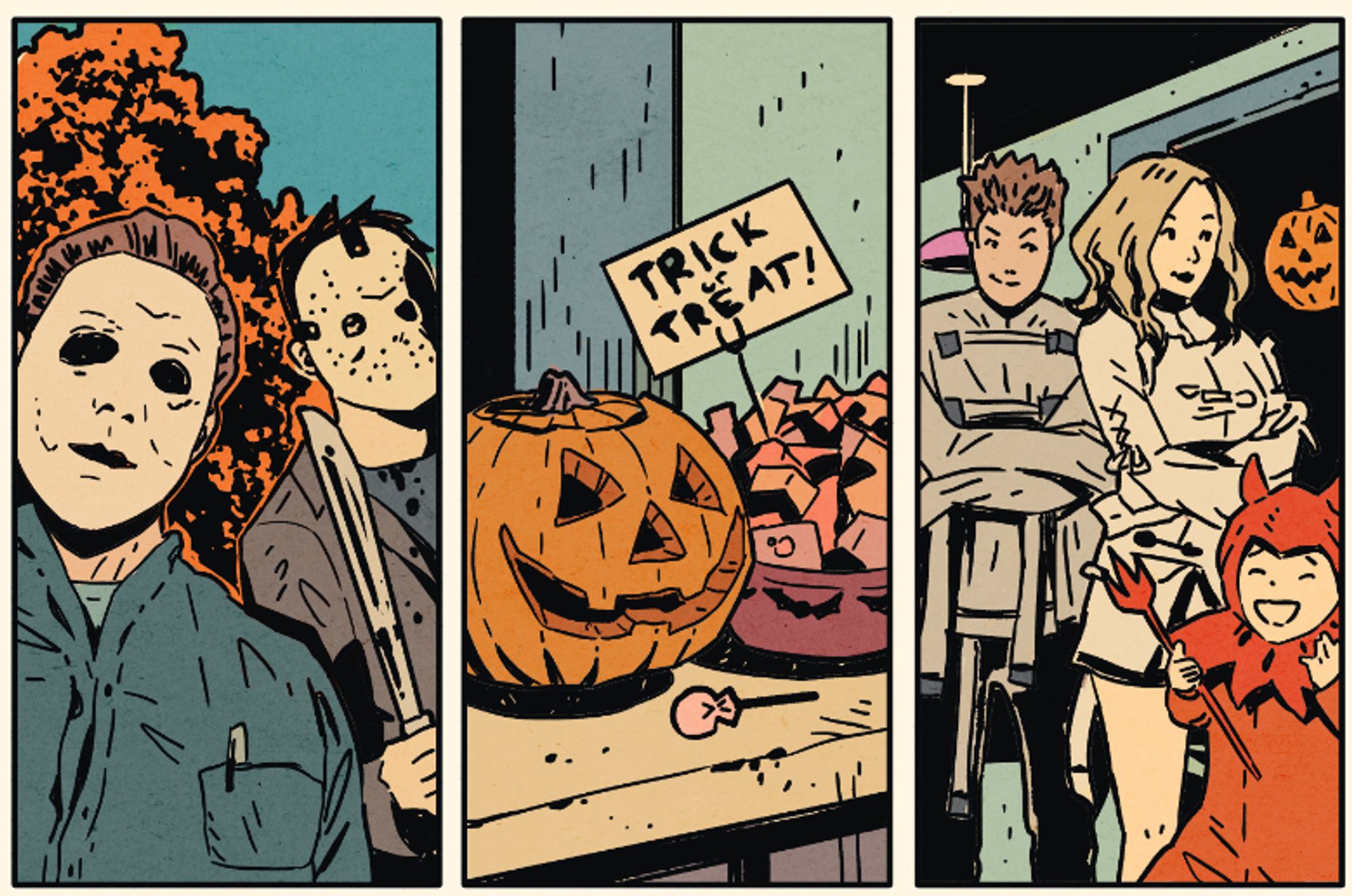 panels from hello sunshine showing people in slasher killer costumes, a jack-o-lantern and treats, a kid in a devil costume, and some people in strait jacket costumes