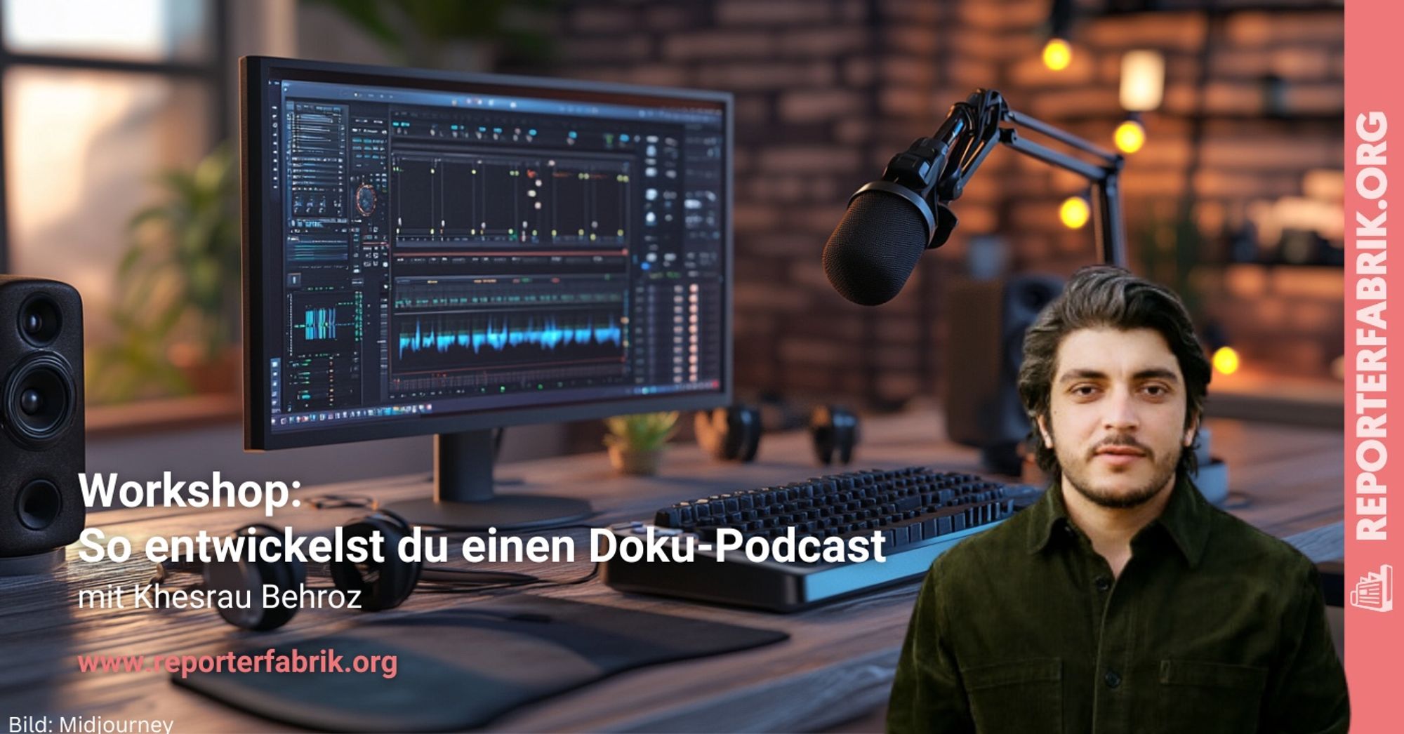 Das Bild zeigt einen KI-generierten Hintergrund, der das Thema Podcast symbolisiert. Davor gelegt ist ein Bild des Dozenten Khesrau Behroz sowie der Kurstitel und ein Link zur Website www.reporterfabrik.org