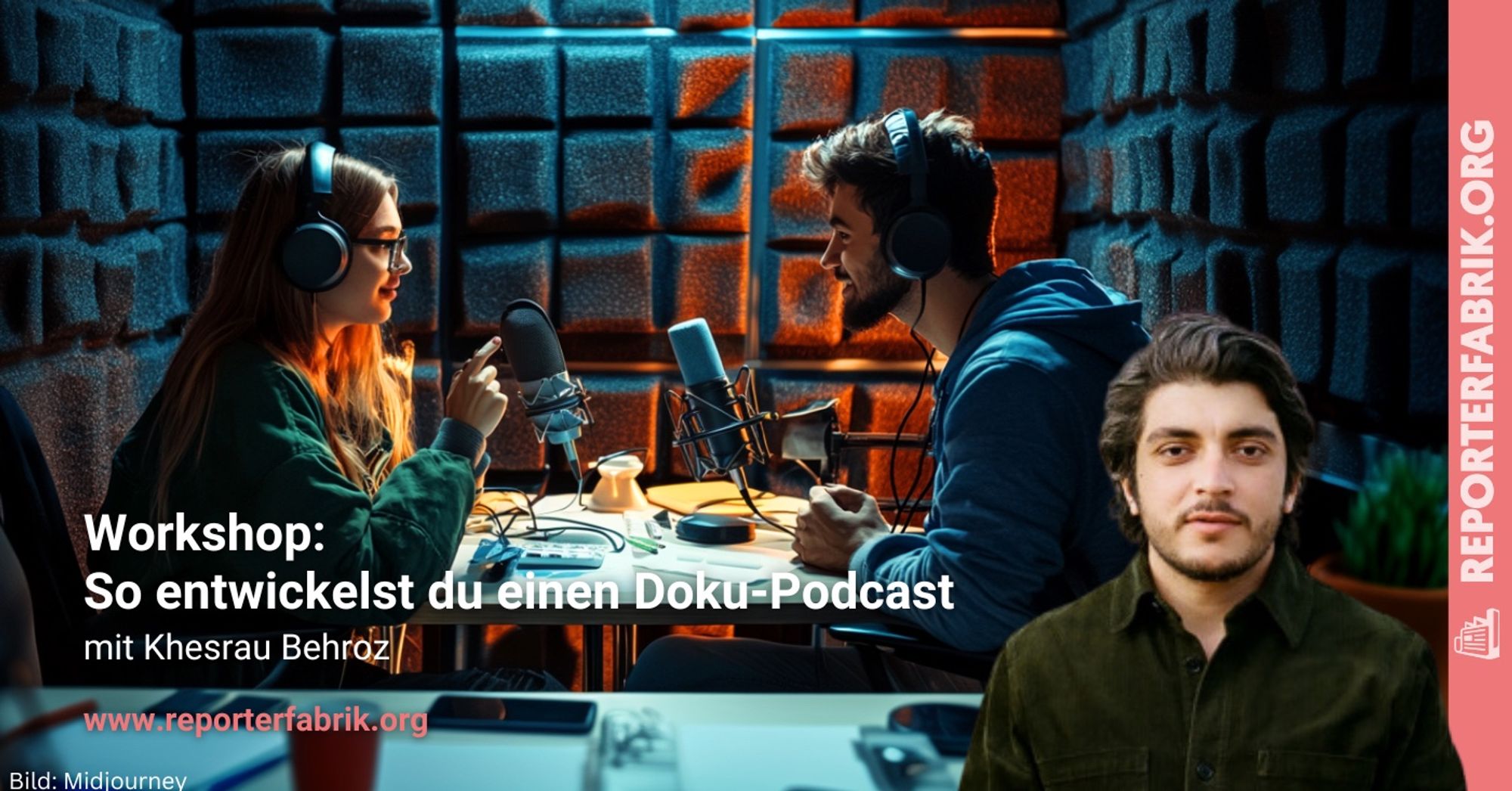 Das Bild zeigt einen KI-generierten Hintergrund, der das Thema Podcast symbolisiert. Davor gelegt ist ein Bild des Dozenten Khesrau Behroz sowie der Kurstitel und ein Link zur Website www.reporterfabrik.org