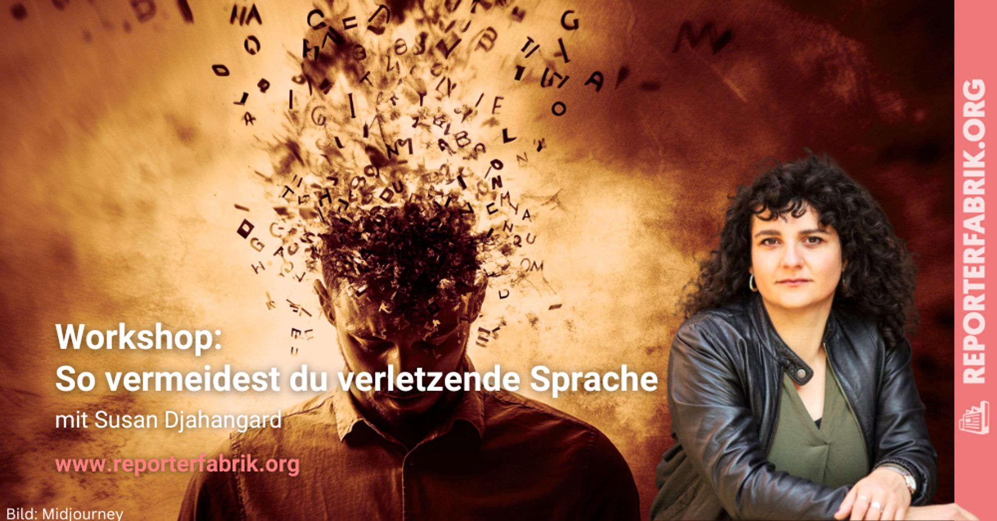 Das Bild zeigt einen KI-generierten Hintergrund, der das Thema Sprache symbolisiert. Davor gelegt ist ein Bild der Dozentin Susan Djahangard sowie der Kurstitel und ein Link zur Website www.reporterfabrik.org