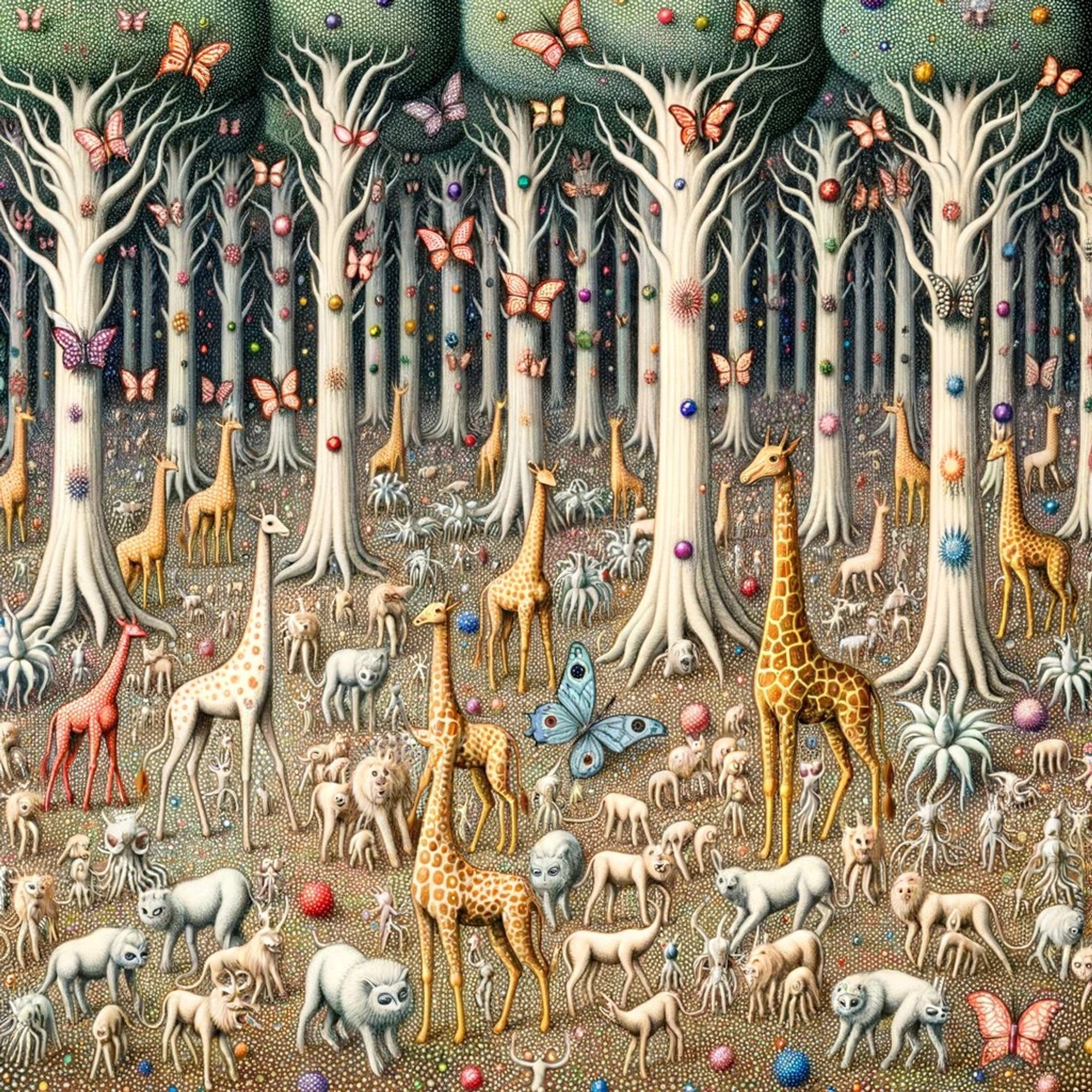 Colored-pencil artwork in the Codex Seraphinianus style of a surreal city. Numerous crystalline buildings of varying sizes are surrounded by vast multiples of winged boats on flowing water streets. The sky is densely populated with floating land formations, transparent jellyfish beings, and other mysterious flying entities, all rendered in small multiples.