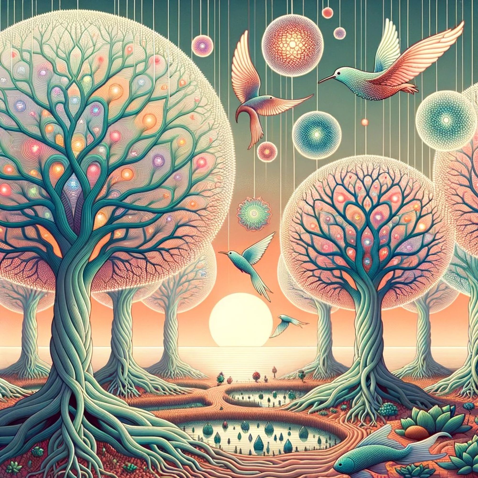 Illustration of an ethereal garden where trees have transparent leaves revealing colorful veins. Instead of fruits, the branches hold small floating orbs that emit soft, phosphorescent glows. Birds with elongated, ribbon-like tails fly around, their feathers shifting colors as they move. In the center, there's a pond with fish that have long, fern-like fins and multiple eyes. The horizon shows a setting sun, but instead of a regular orb, the sun appears as a geometric fractal.