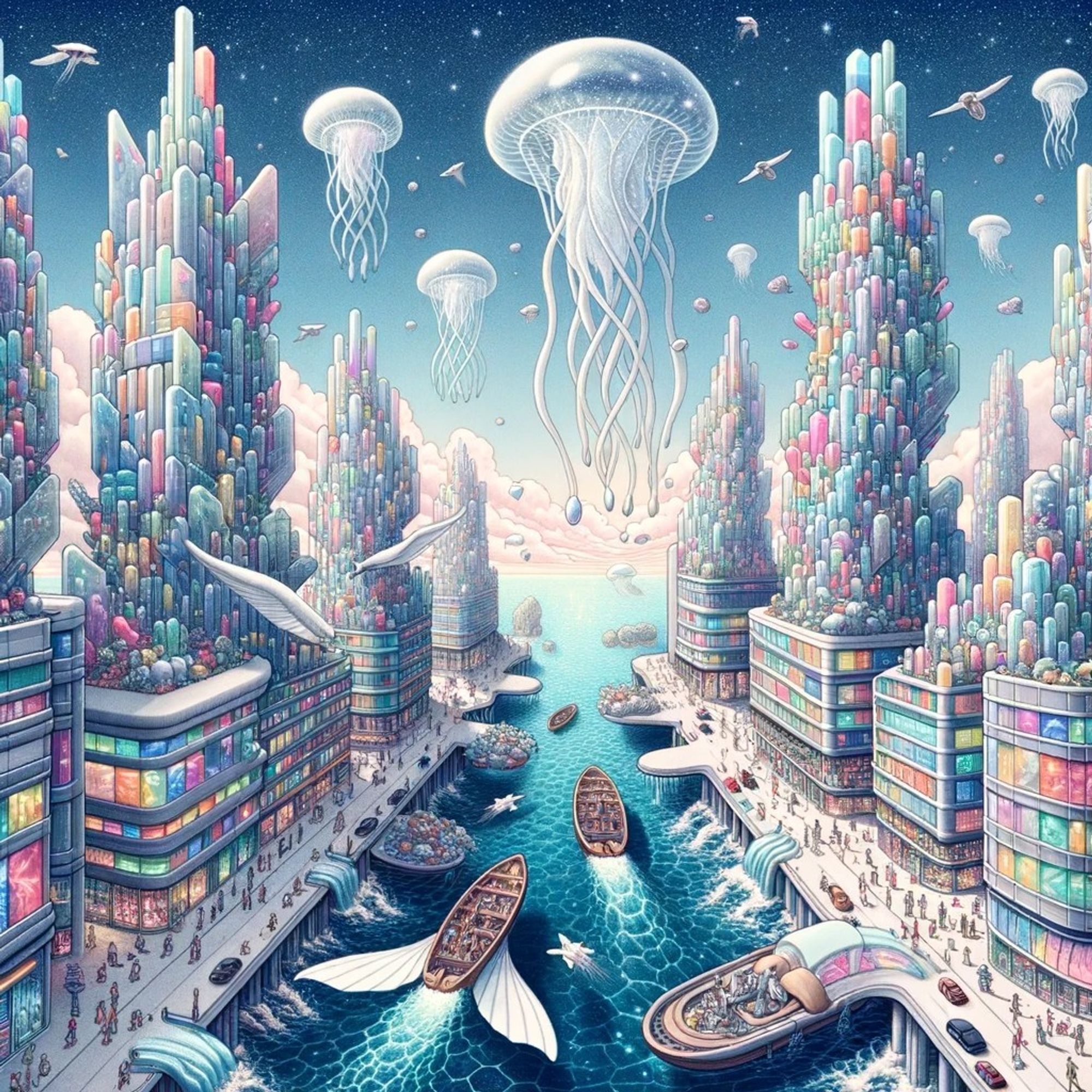 Illustration of a surreal cityscape where buildings are made of crystalline structures that change colors based on the time of day. Streets are made of flowing water, and inhabitants navigate using boats with wings. Above, the sky is dotted with floating islands and gigantic, transparent jellyfish-like creatures that drift gracefully.