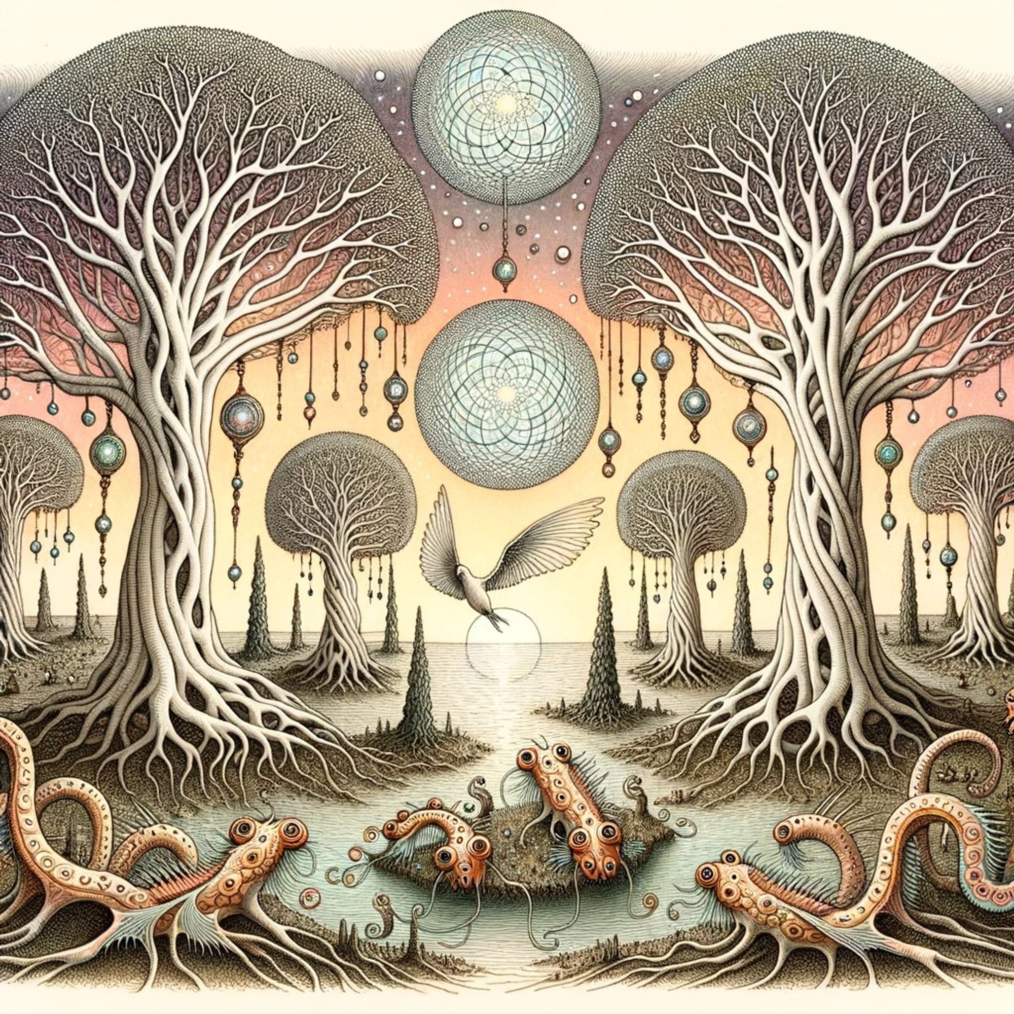 Pen and watercolor art in the vein of Codex Seraphinianus showcasing an enchanting library. Books defy gravity, autonomously flipping pages. Readers, on floating chairs, connect to these books using tendrils. An ornate, backward-ticking clock stands prominently in the background, with multi-limbed librarian creatures overseeing the ambiance.